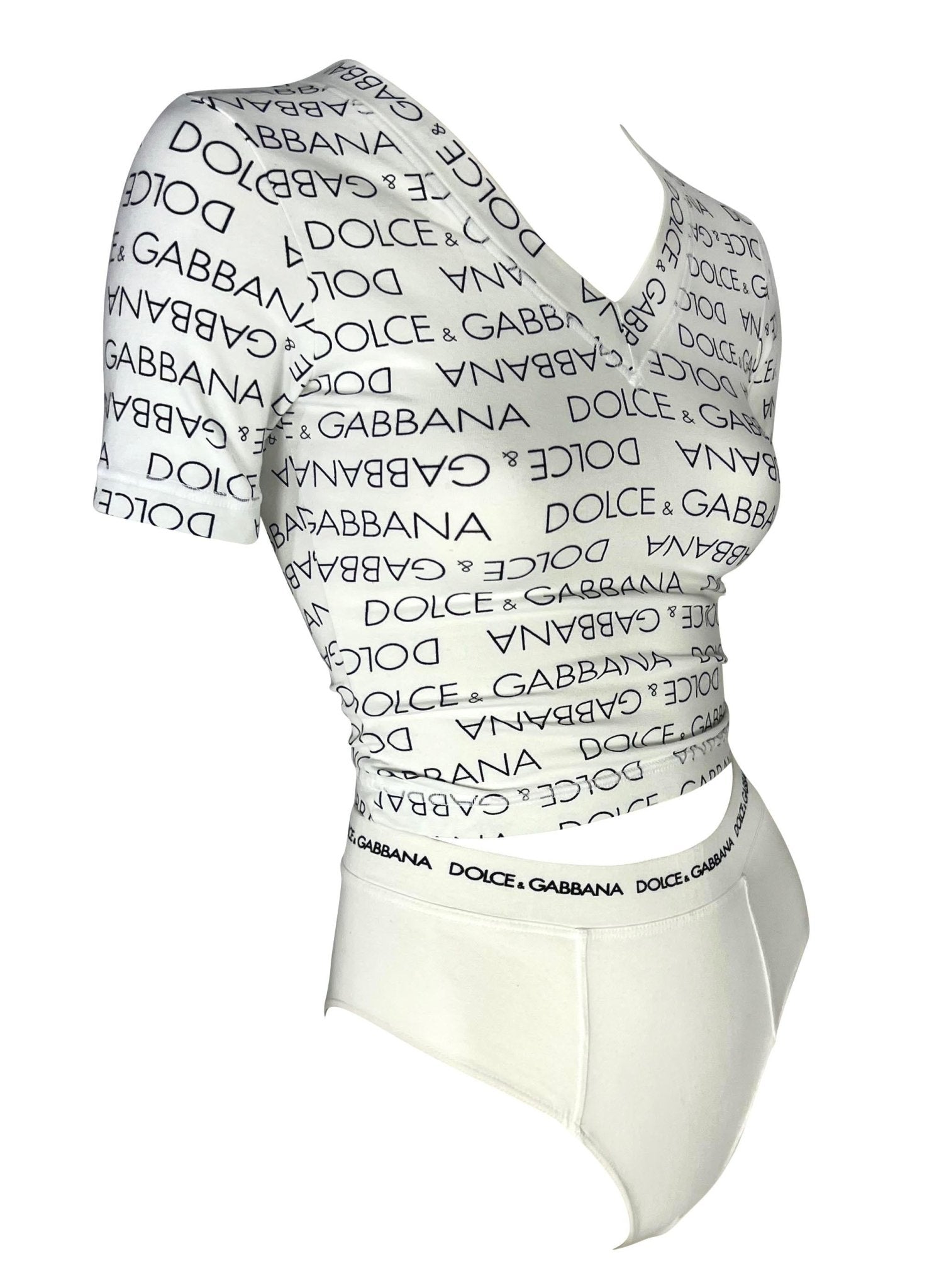 S/S 1995 Dolce & Gabbana White Logo Print Stretch V - Neck Brief Set - RealList