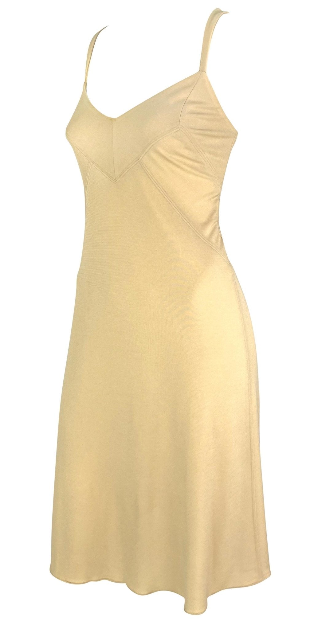S/S 1995 Donna Karan Beige Stretch Bodycon Panel Slip Dress - RealList