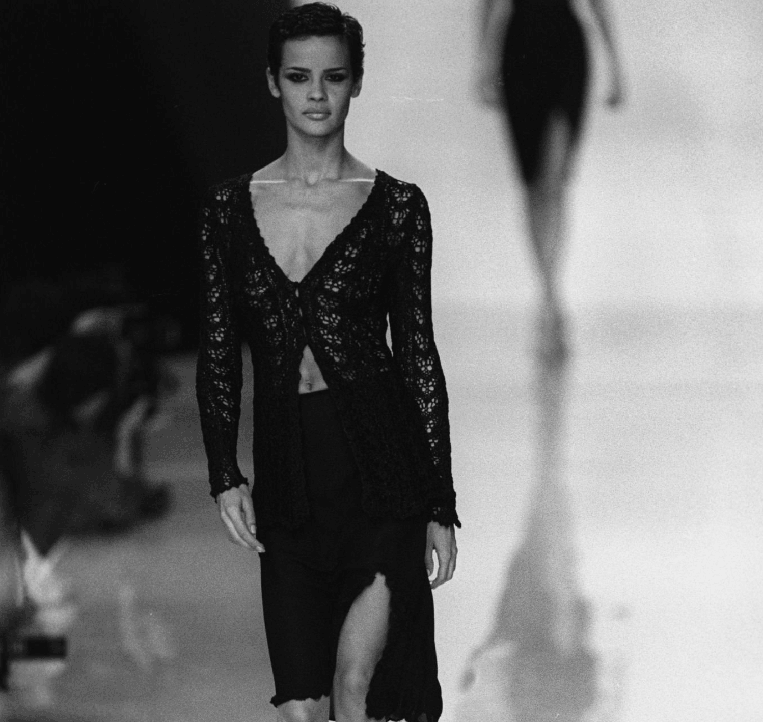 S/S 1995 Donna Karan Runway Black Stretch Lace Trim Skirt - RealList