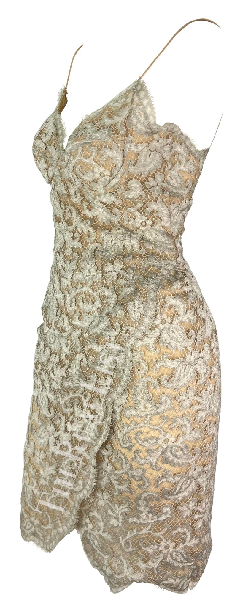 S/S 1995 Donna Karan Runway Silver Lace Wrap Style Slip Dress - RealList