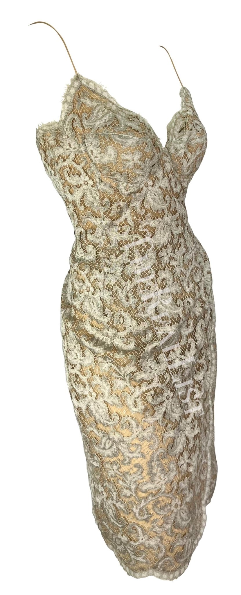 S/S 1995 Donna Karan Runway Silver Lace Wrap Style Slip Dress - RealList
