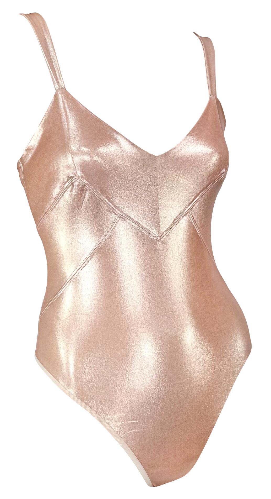 S/S 1995 Donna Karan Shimmery Metallic Blush Pink Bodycon Stretch Bodysuit Top - RealList