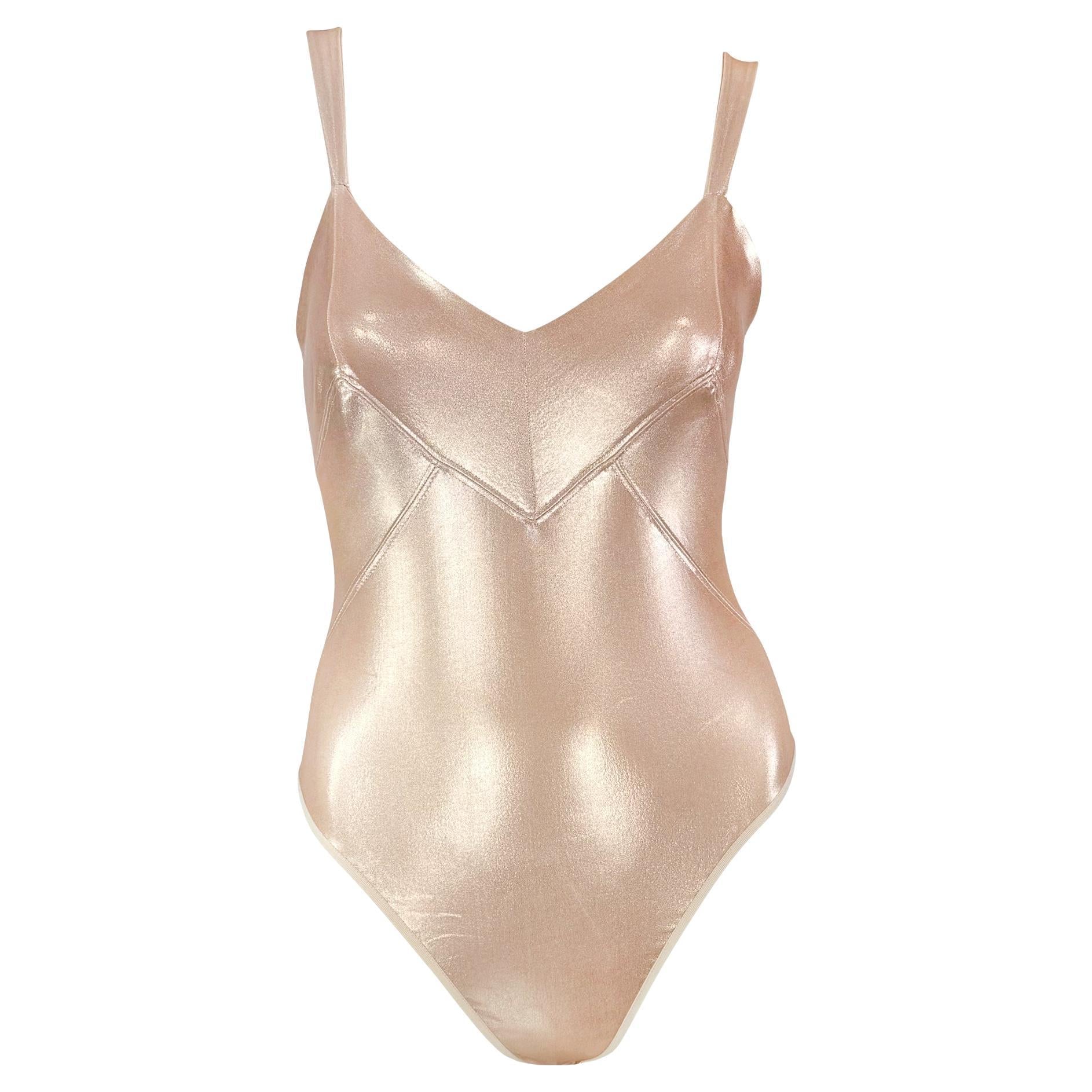 S/S 1995 Donna Karan Shimmery Metallic Blush Pink Bodycon Stretch Bodysuit Top - RealList