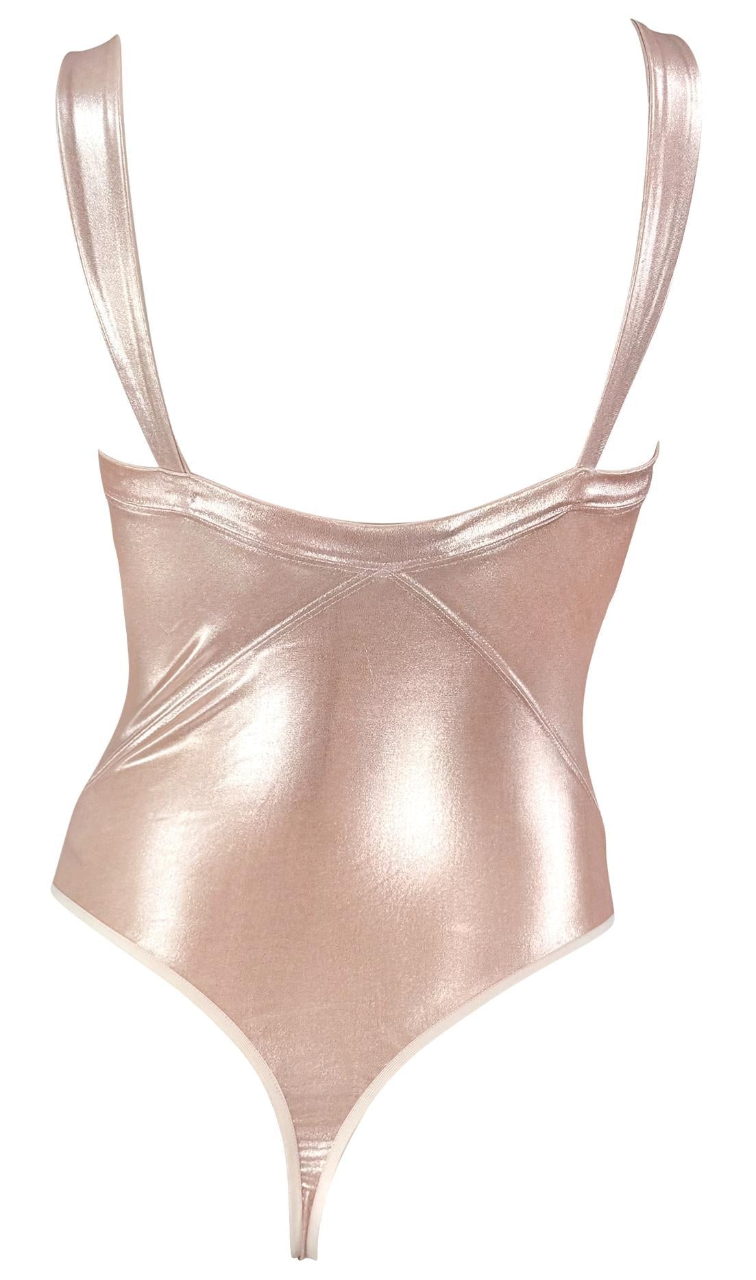 S/S 1995 Donna Karan Shimmery Metallic Blush Pink Bodycon Stretch Bodysuit Top - RealList