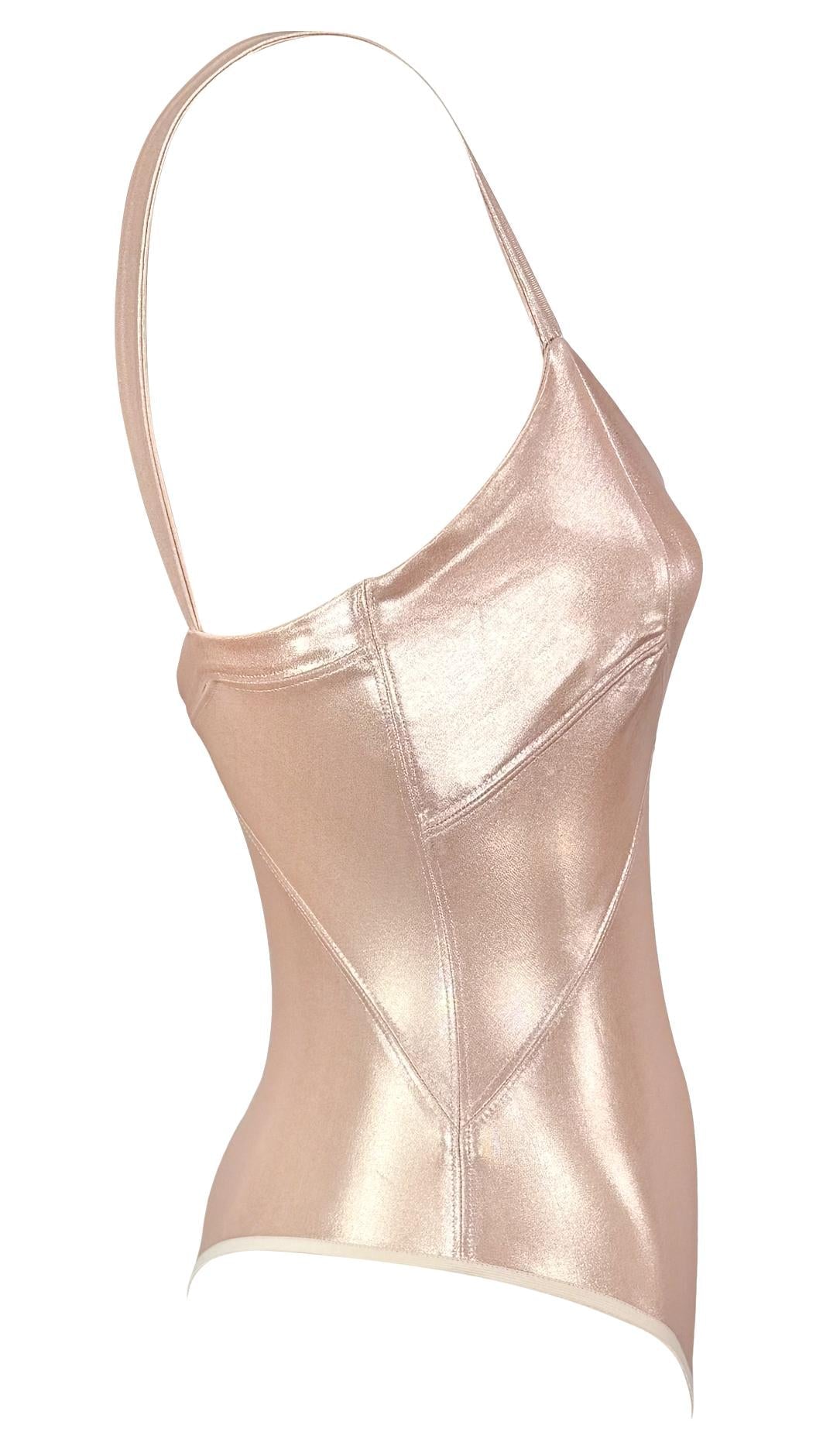 S/S 1995 Donna Karan Shimmery Metallic Blush Pink Bodycon Stretch Bodysuit Top - RealList