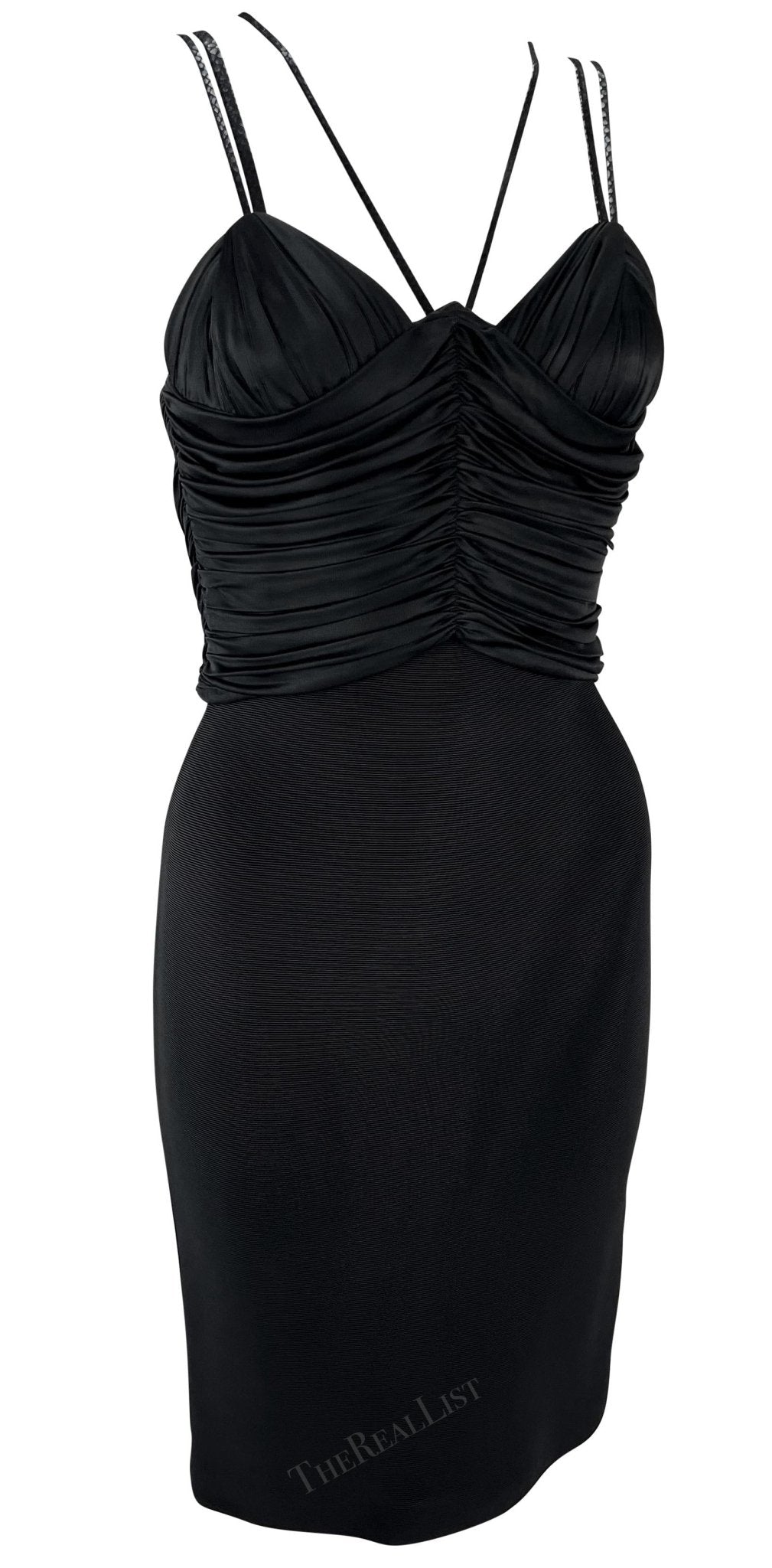 S/S 1995 Gianni Versace Black Ruched Bodyon Stretch Leather Strap Mini Dress - RealList