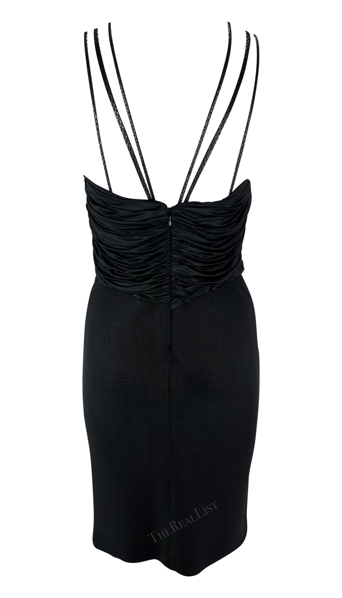 S/S 1995 Gianni Versace Black Ruched Bodyon Stretch Leather Strap Mini Dress - RealList