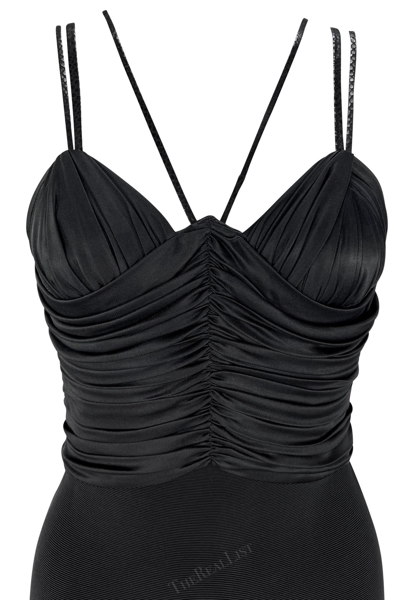 S/S 1995 Gianni Versace Black Ruched Bodyon Stretch Leather Strap Mini Dress - RealList