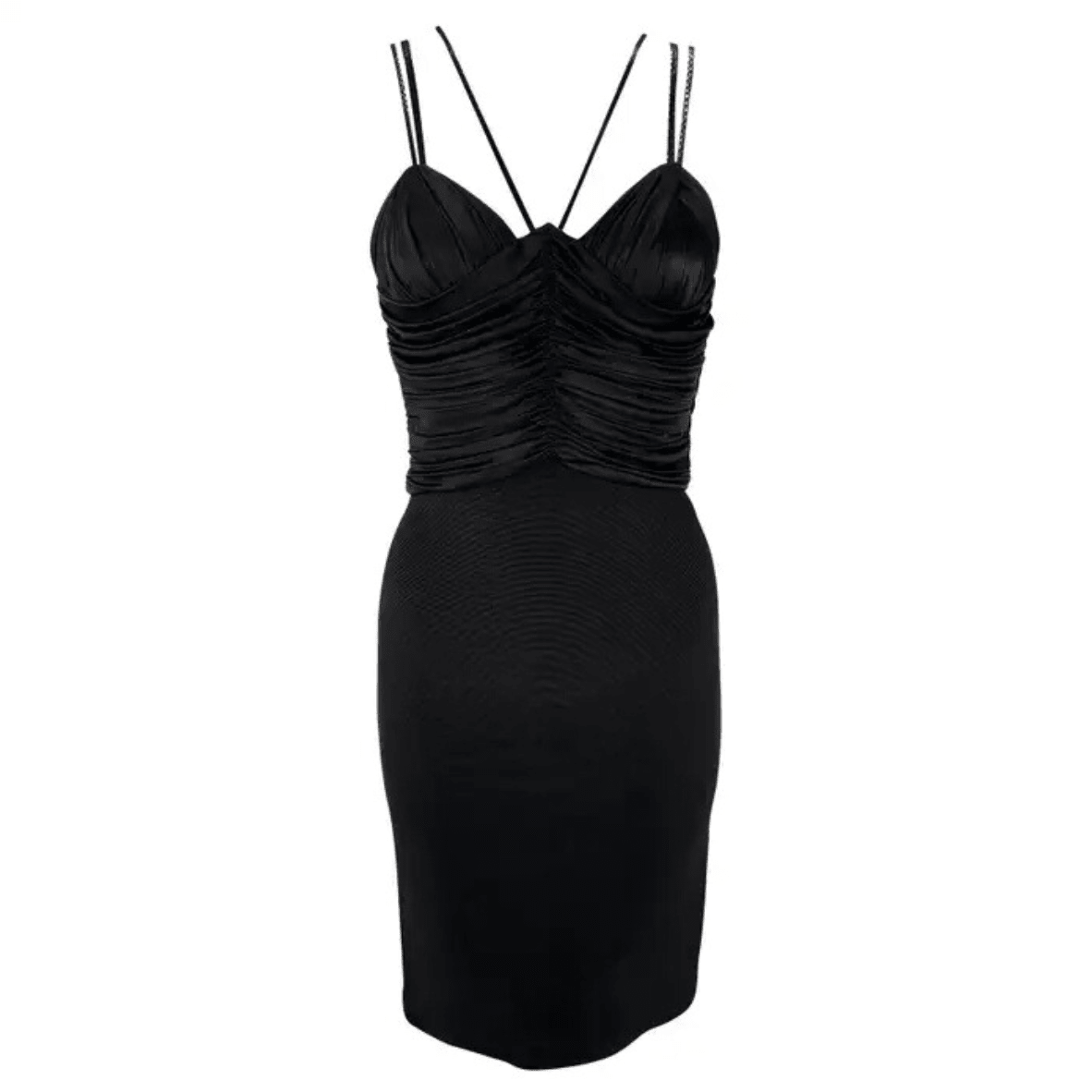 S/S 1995 Gianni Versace Black Ruched Bodyon Stretch Leather Strap Mini Dress - RealList