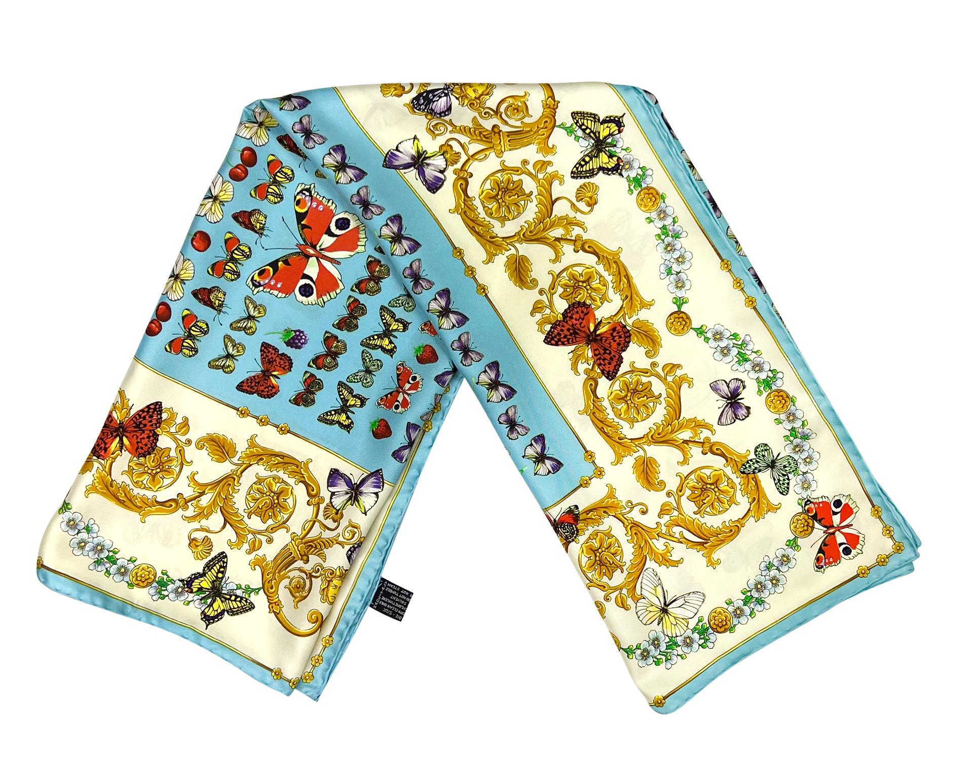 S/S 1995 Gianni Versace Butterfly Print Blue Baroque Silk Square Head Scarf - RealList