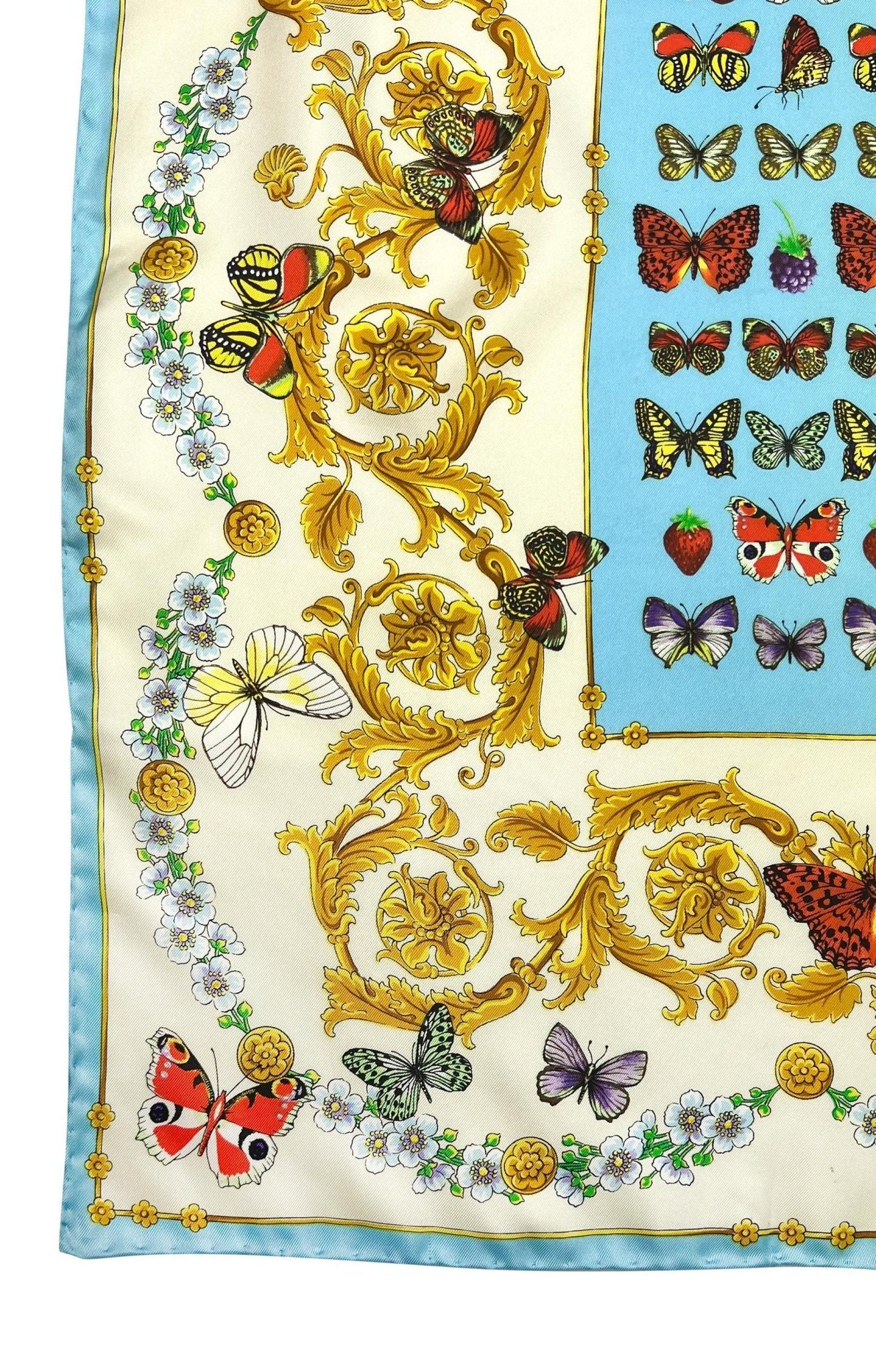 S/S 1995 Gianni Versace Butterfly Print Blue Baroque Silk Square Head Scarf - RealList