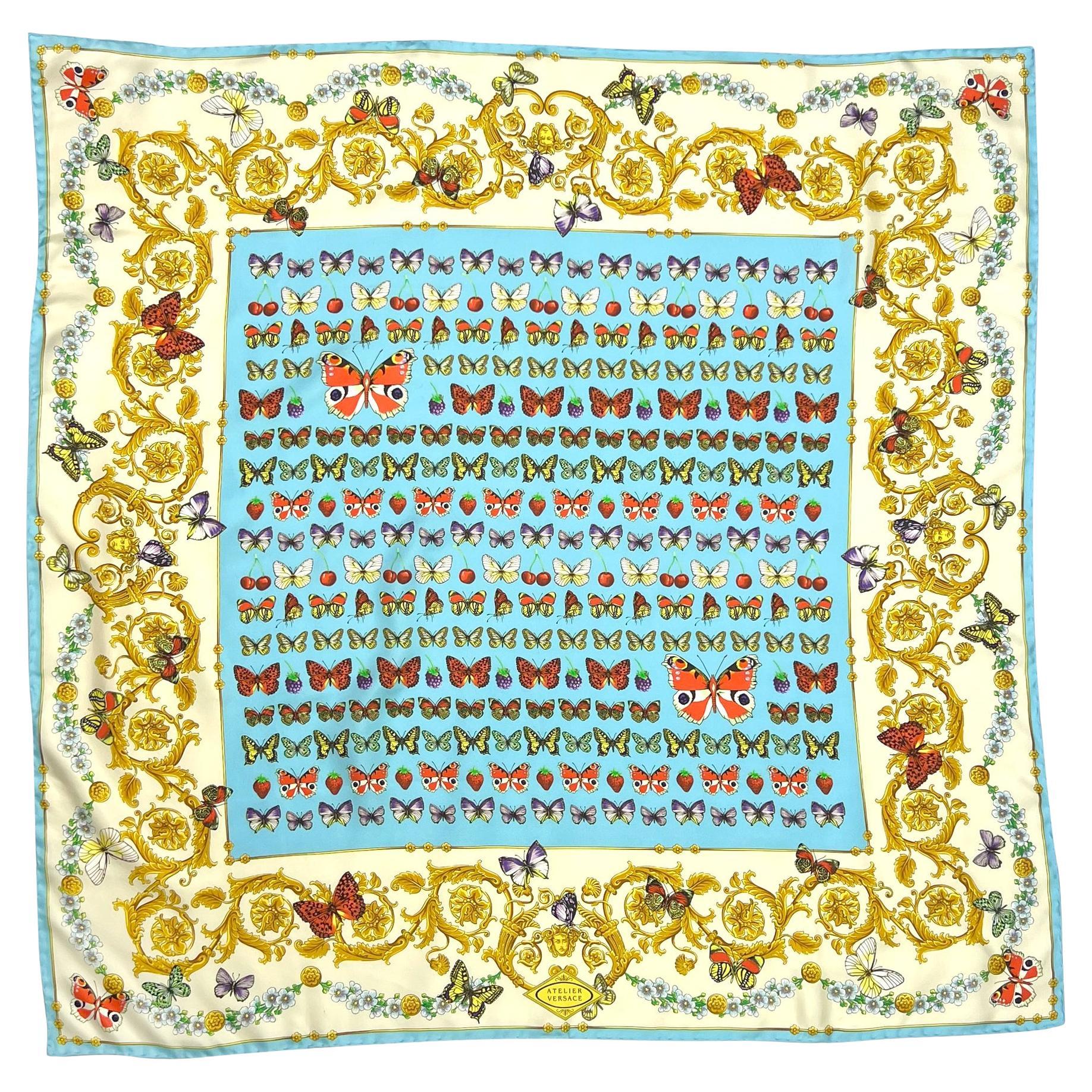 S/S 1995 Gianni Versace Butterfly Print Blue Baroque Silk Square Head Scarf - RealList