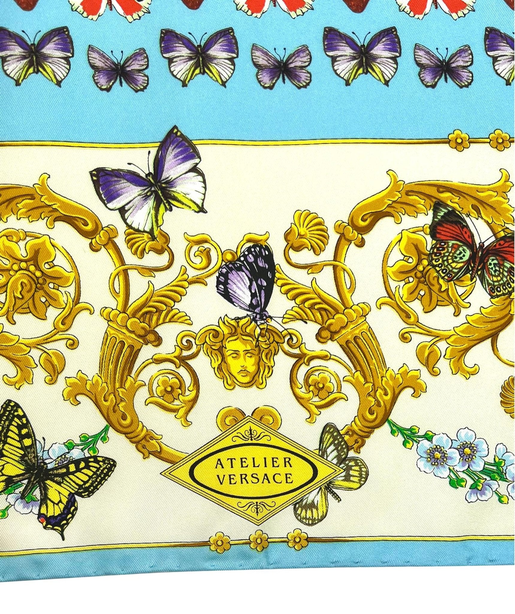 S/S 1995 Gianni Versace Butterfly Print Blue Baroque Silk Square Head Scarf - RealList