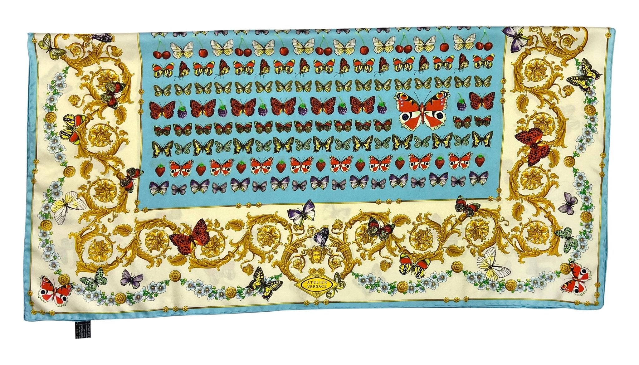 S/S 1995 Gianni Versace Butterfly Print Blue Baroque Silk Square Head Scarf - RealList