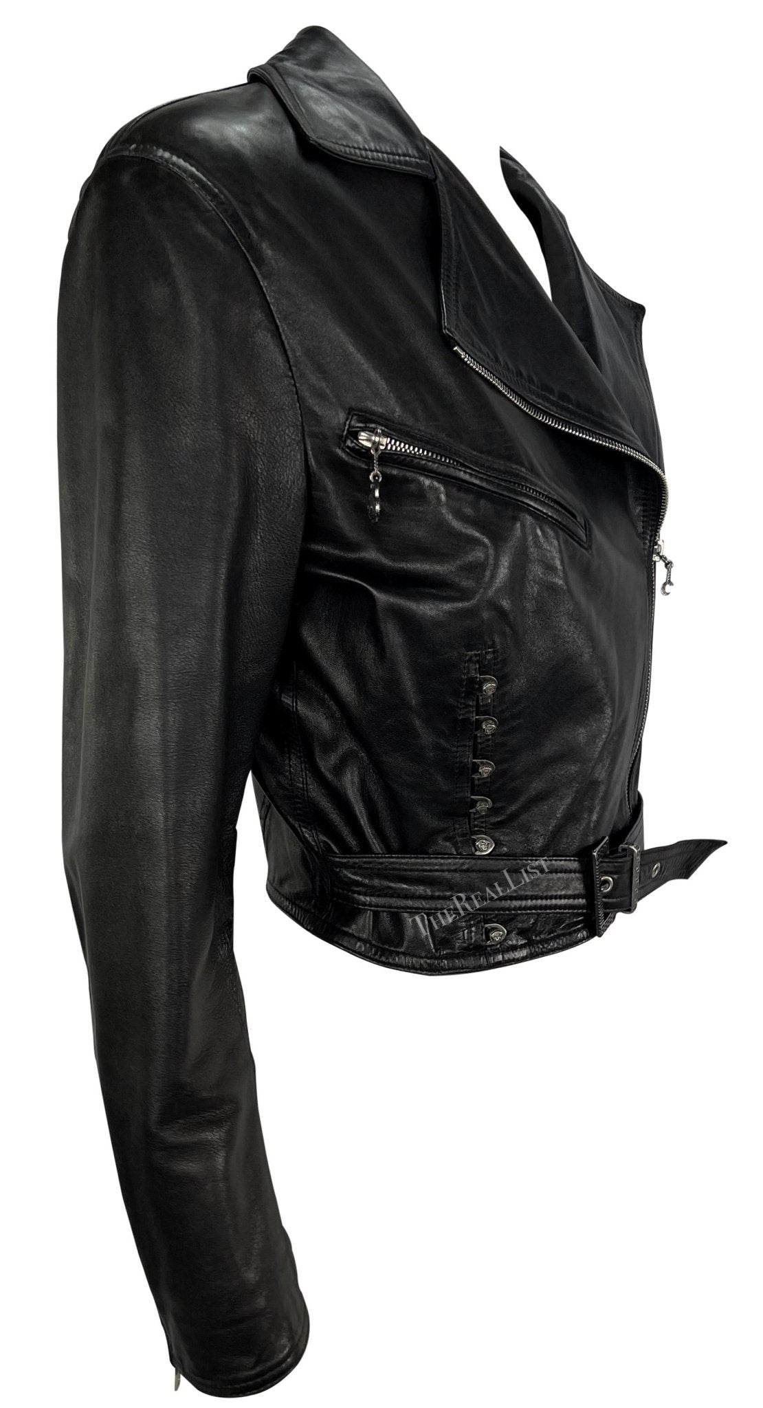 S/S 1995 Gianni Versace Corsetry Style Black Leather Cropped Leather Jacket - RealList