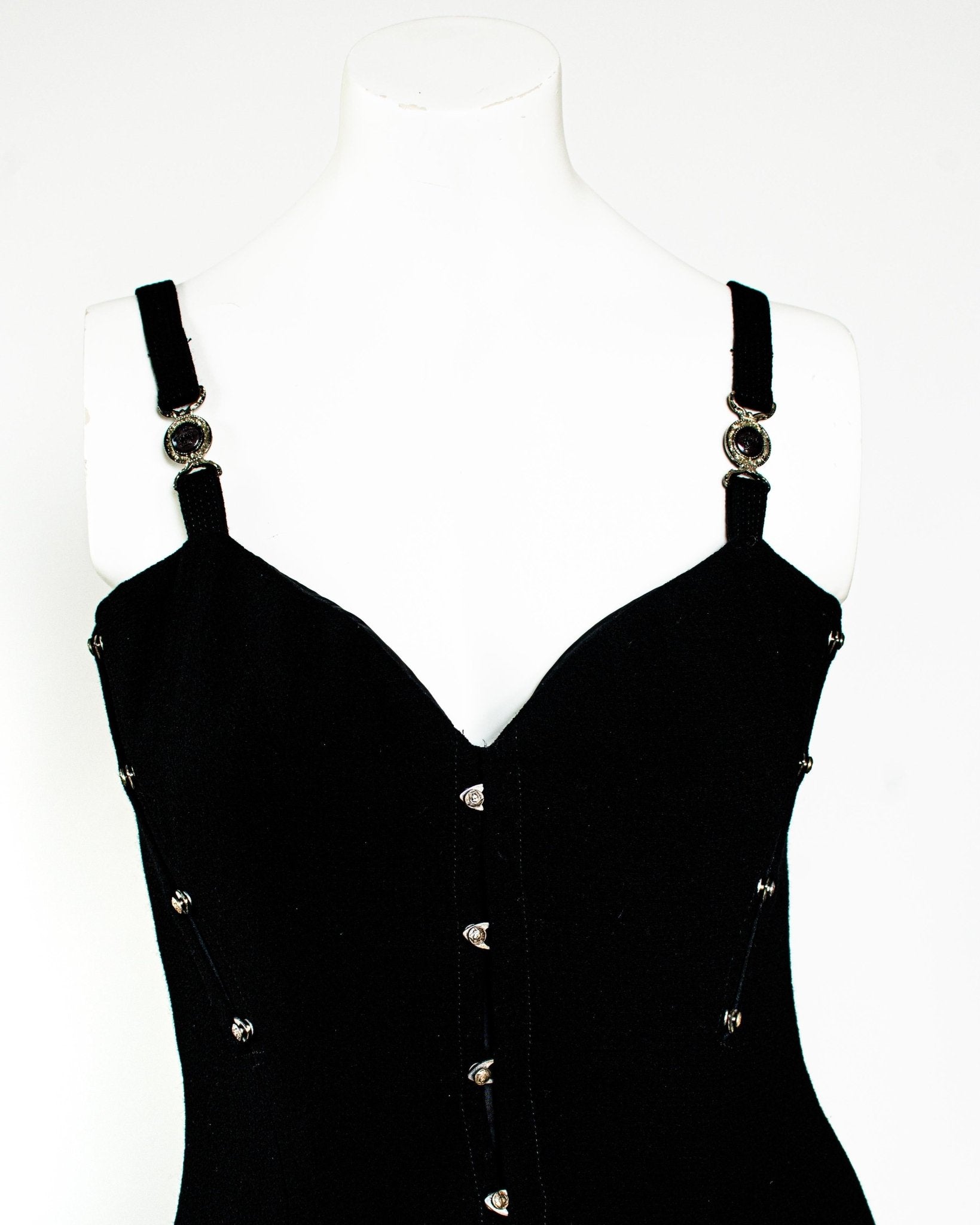 S/S 1995 Gianni Versace Couture Bustier Medusa Corset Boned Flare Black Dress - RealList