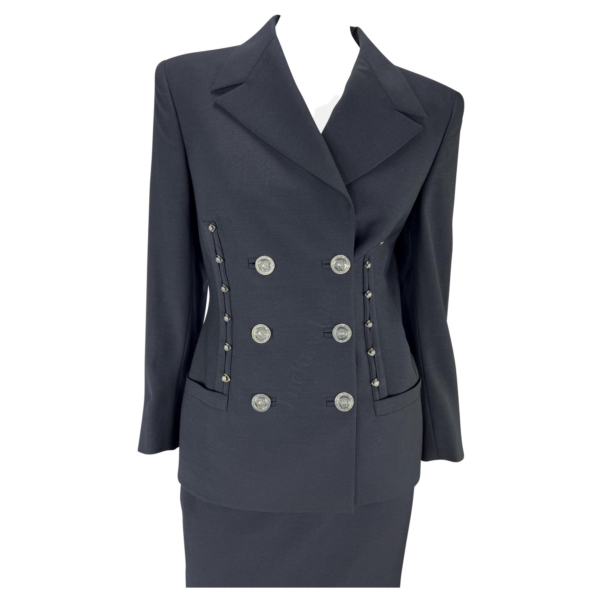 S/S 1995 Gianni Versace Couture Runway Corset Boned Medusa Black Skirt Suit - RealList