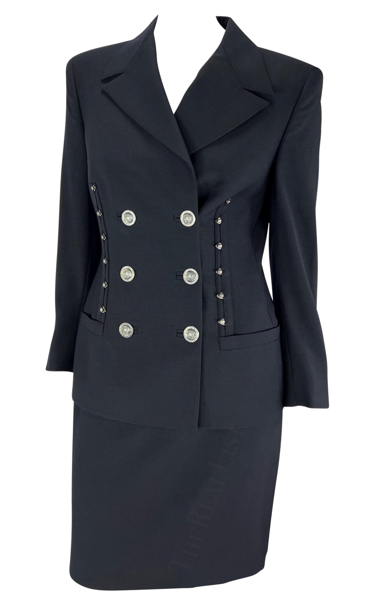 S/S 1995 Gianni Versace Couture Runway Corset Boned Medusa Black Skirt Suit - RealList