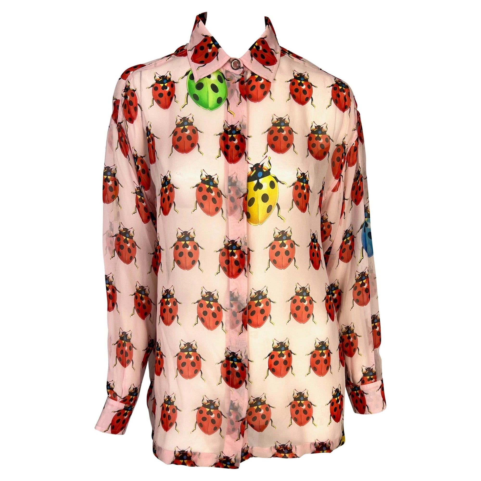 S/S 1995 Gianni Versace Couture Sheer Pink Ladybug Print Medusa Button Blouse - RealList