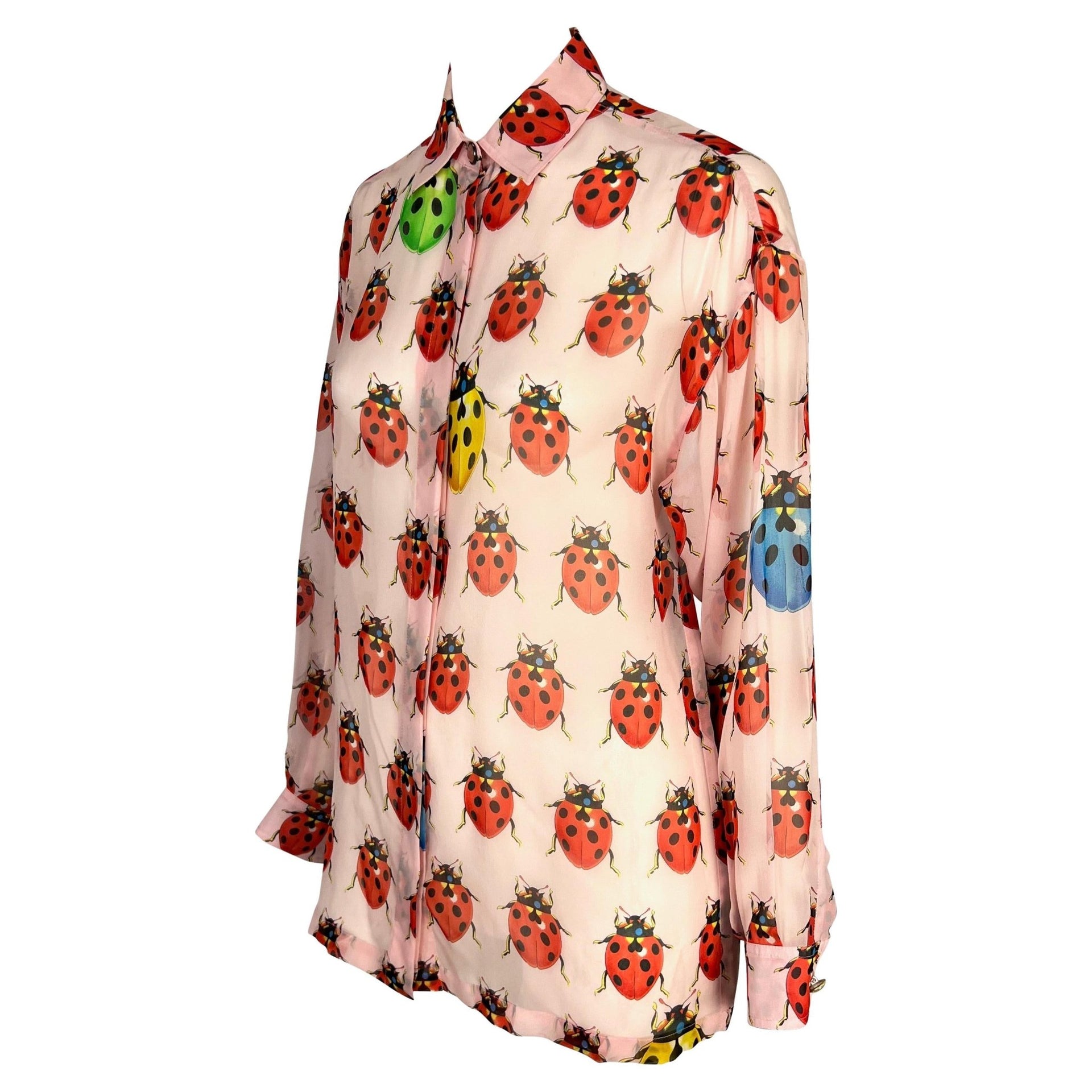 S/S 1995 Gianni Versace Couture Sheer Pink Ladybug Print Medusa Button Blouse - RealList