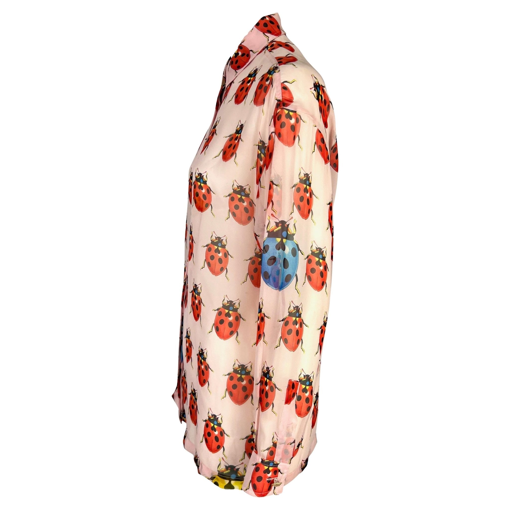 S/S 1995 Gianni Versace Couture Sheer Pink Ladybug Print Medusa Button Blouse - RealList