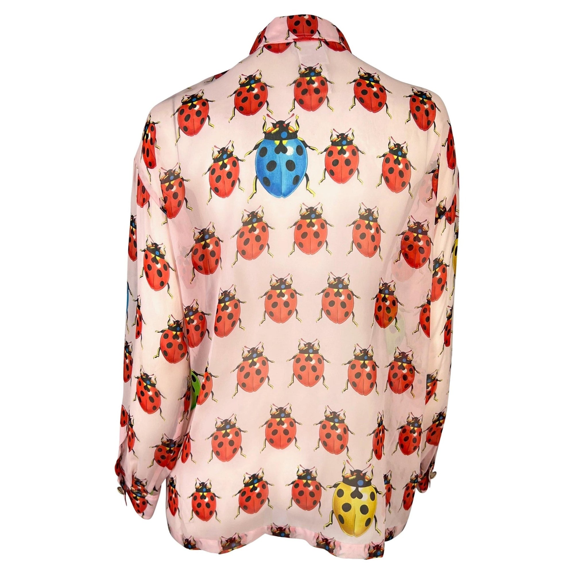 S/S 1995 Gianni Versace Couture Sheer Pink Ladybug Print Medusa Button Blouse - RealList