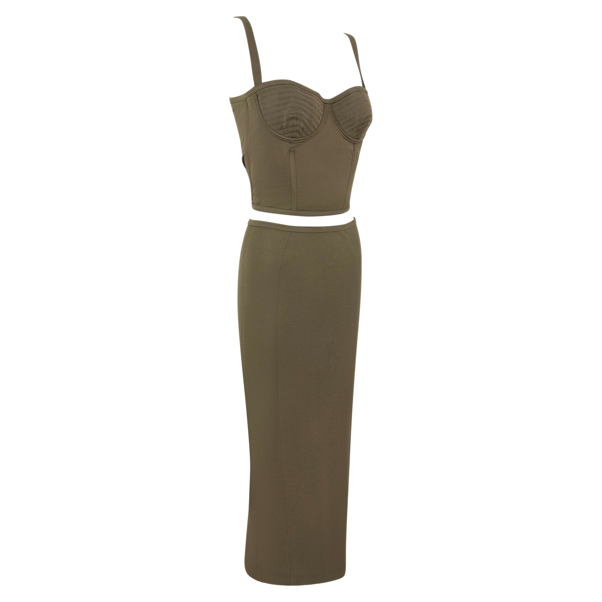 S/S 1995 Gianni Versace Dark Army Green Bustier Crop Top Maxi Skirt Set - RealList