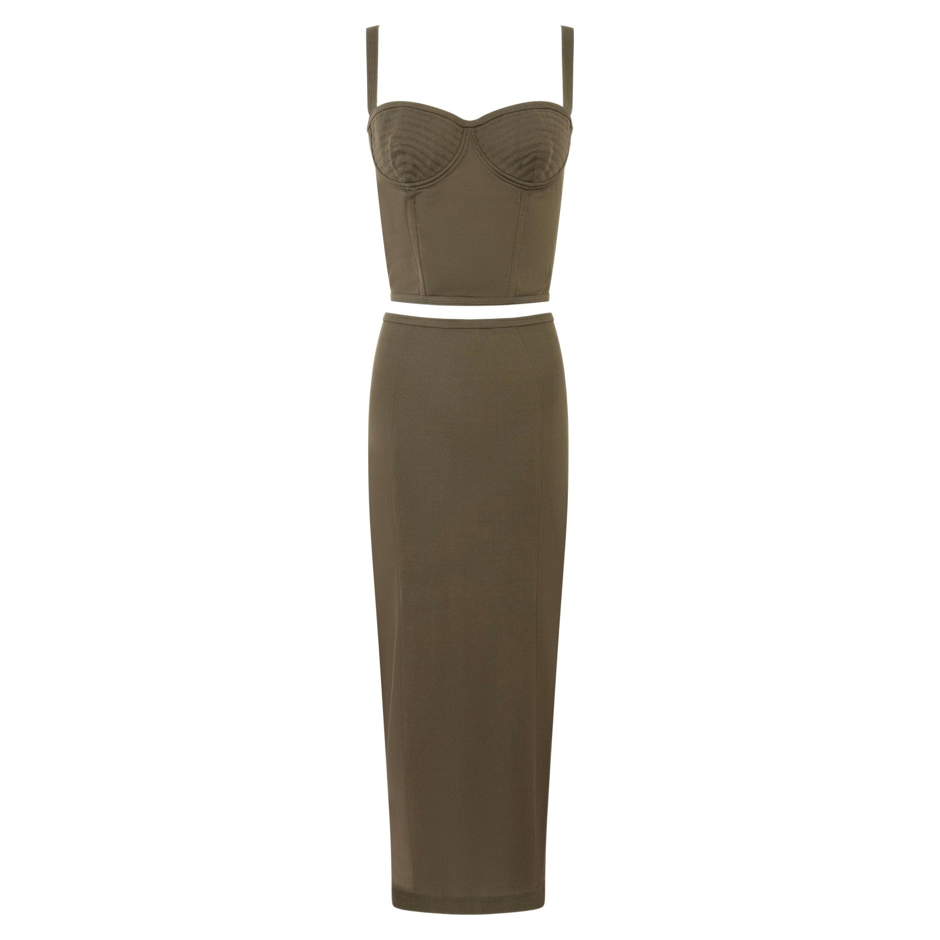 S/S 1995 Gianni Versace Dark Army Green Bustier Crop Top Maxi Skirt Set - RealList