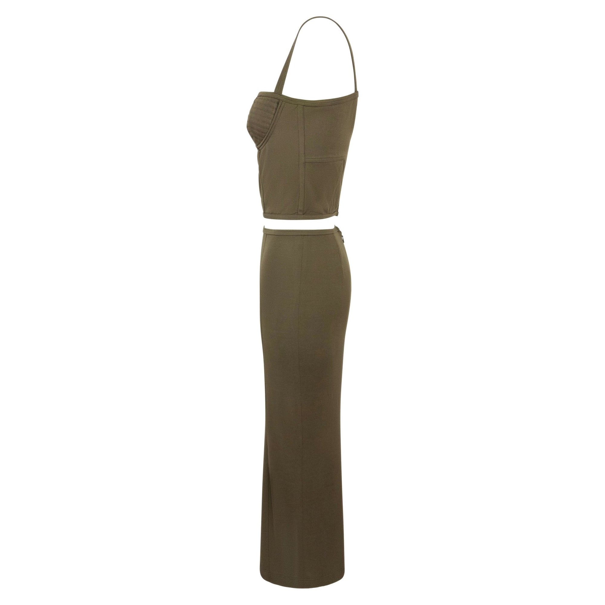 S/S 1995 Gianni Versace Dark Army Green Bustier Crop Top Maxi Skirt Set - RealList