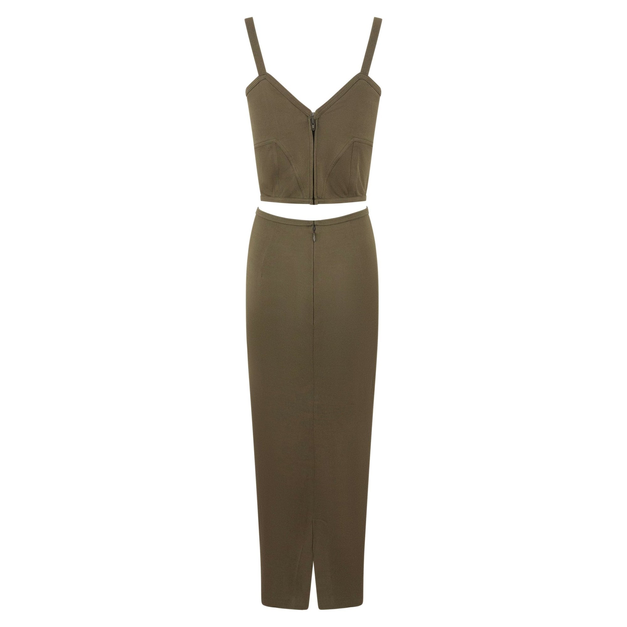 S/S 1995 Gianni Versace Dark Army Green Bustier Crop Top Maxi Skirt Set - RealList