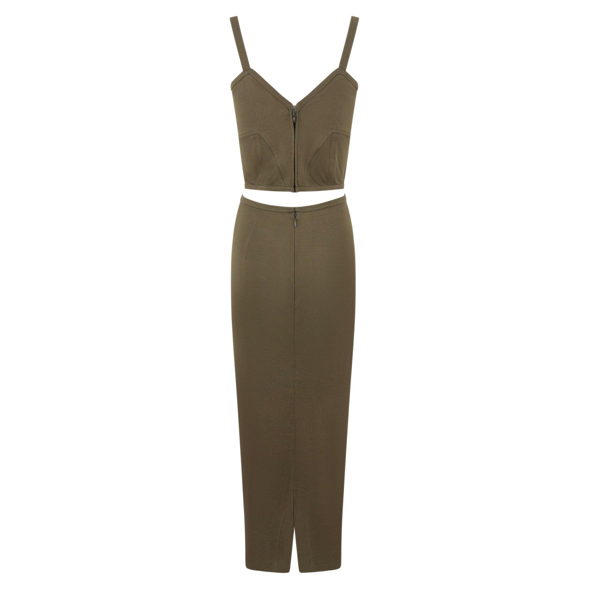 S/S 1995 Gianni Versace Dark Army Green Bustier Crop Top Maxi Skirt Set - RealList
