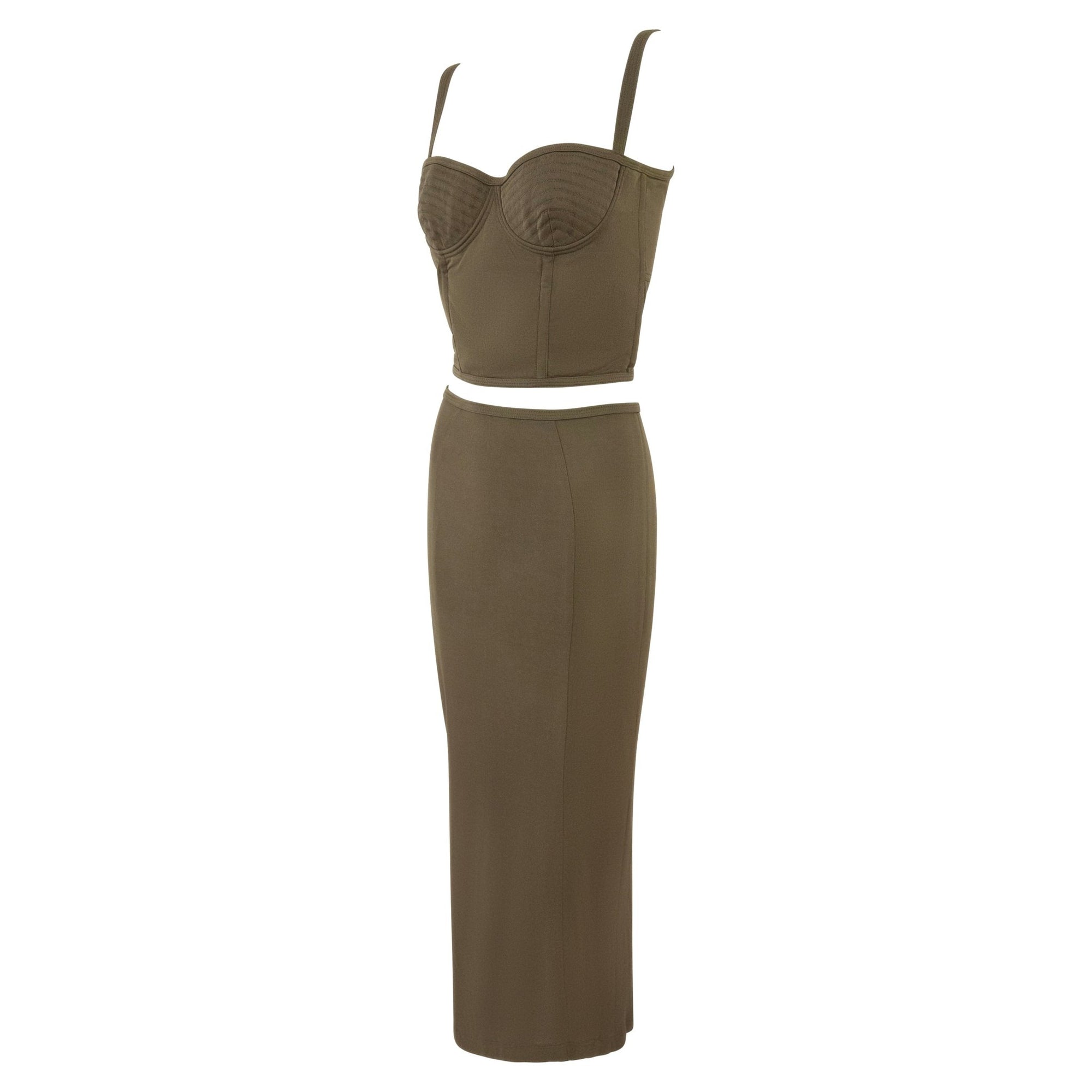 S/S 1995 Gianni Versace Dark Army Green Bustier Crop Top Maxi Skirt Set - RealList