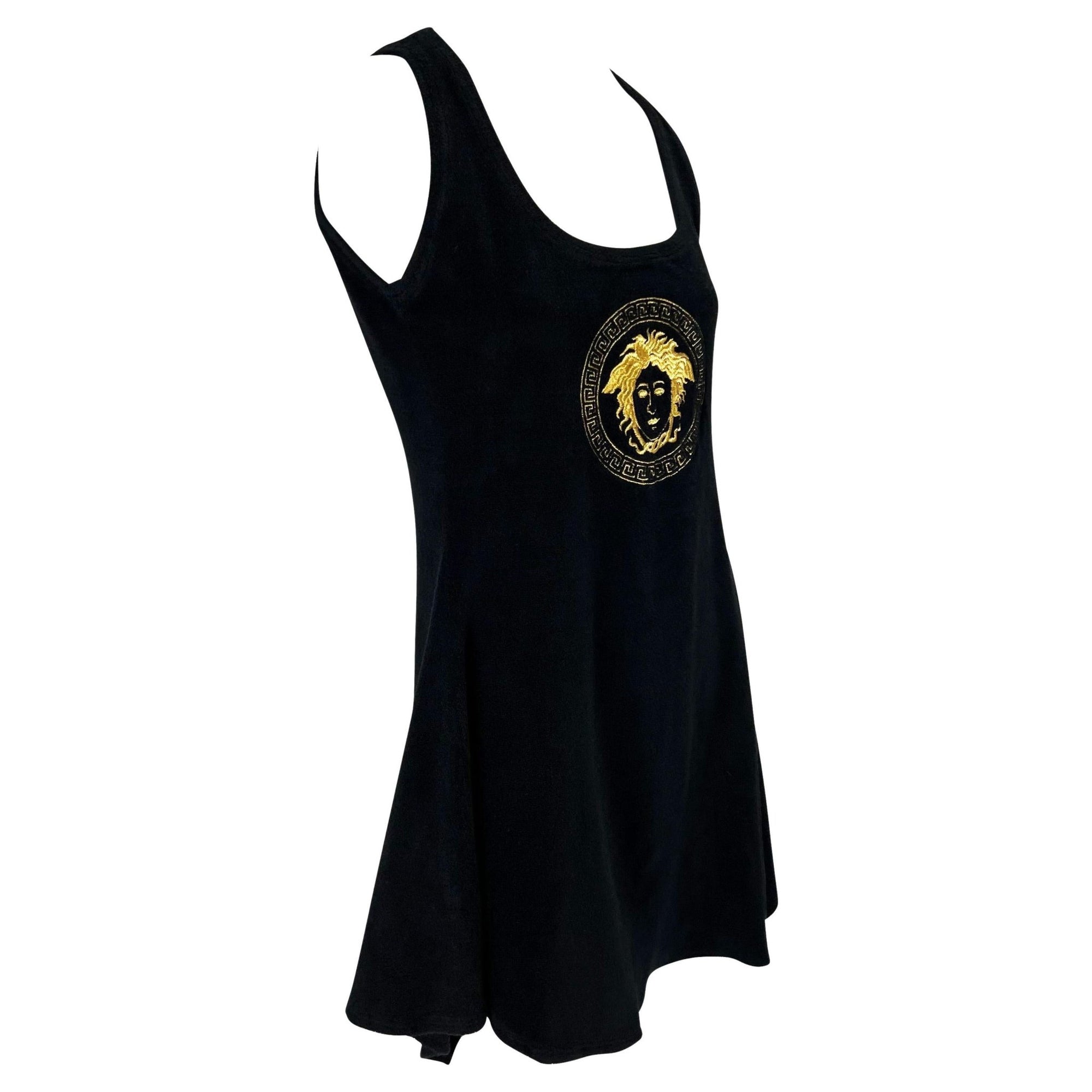 S/S 1995 Gianni Versace Medusa Embroidered Terry Cloth Black Flare Mini Dress - RealList