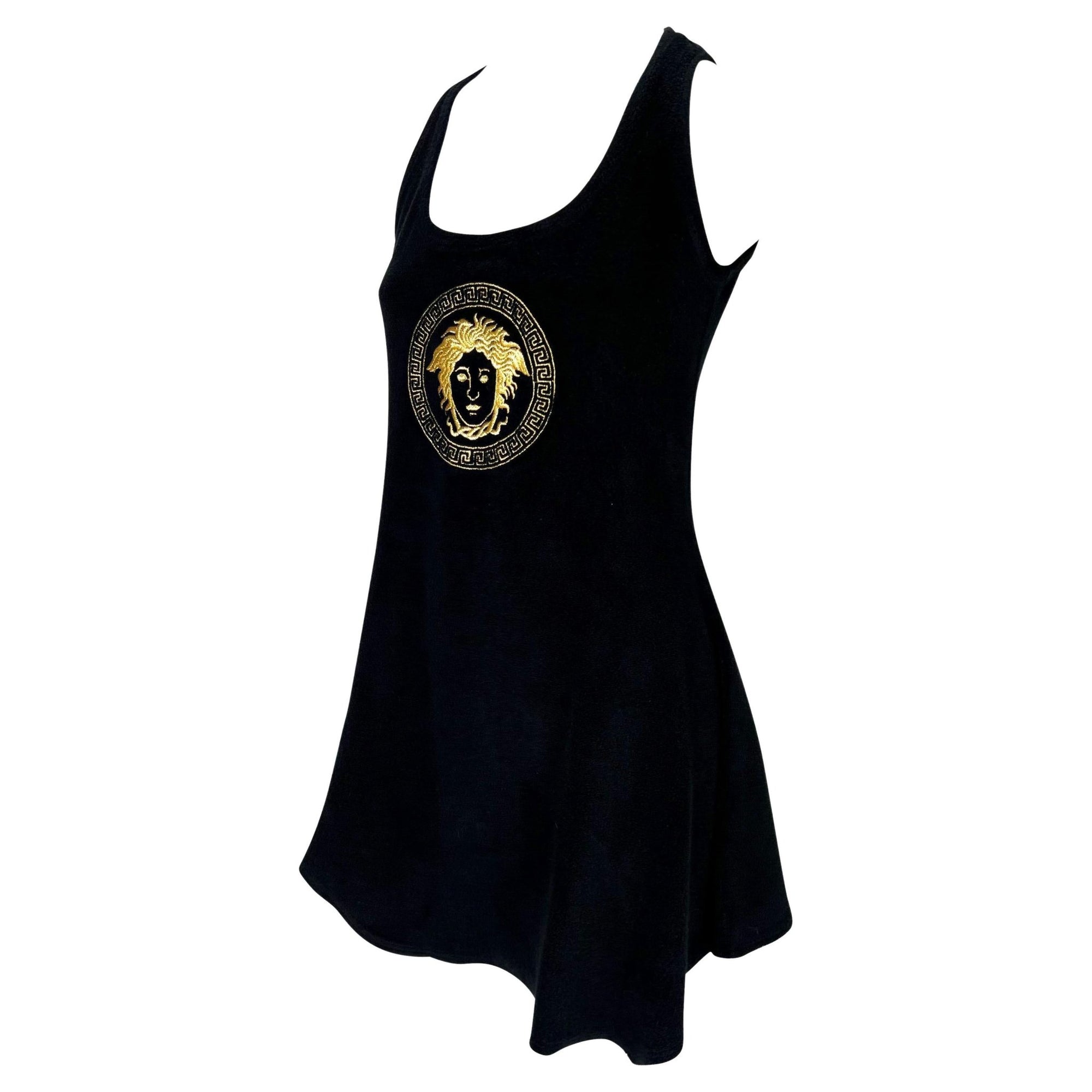 S/S 1995 Gianni Versace Medusa Embroidered Terry Cloth Black Flare Mini Dress - RealList