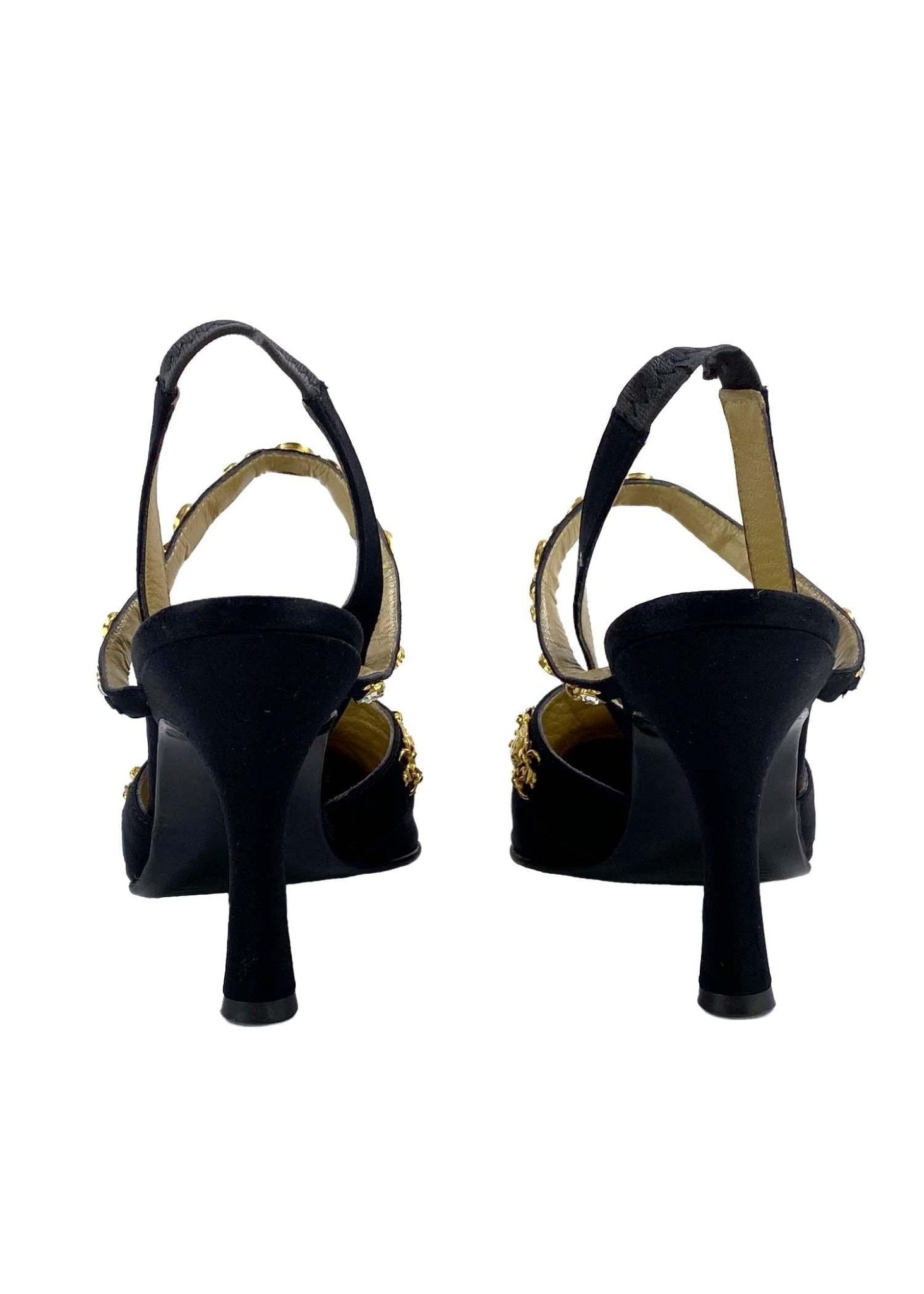 S/S 1995 Gianni Versace Medusa Gem Rhinestone Chain Medallion Black Satin Heels - RealList