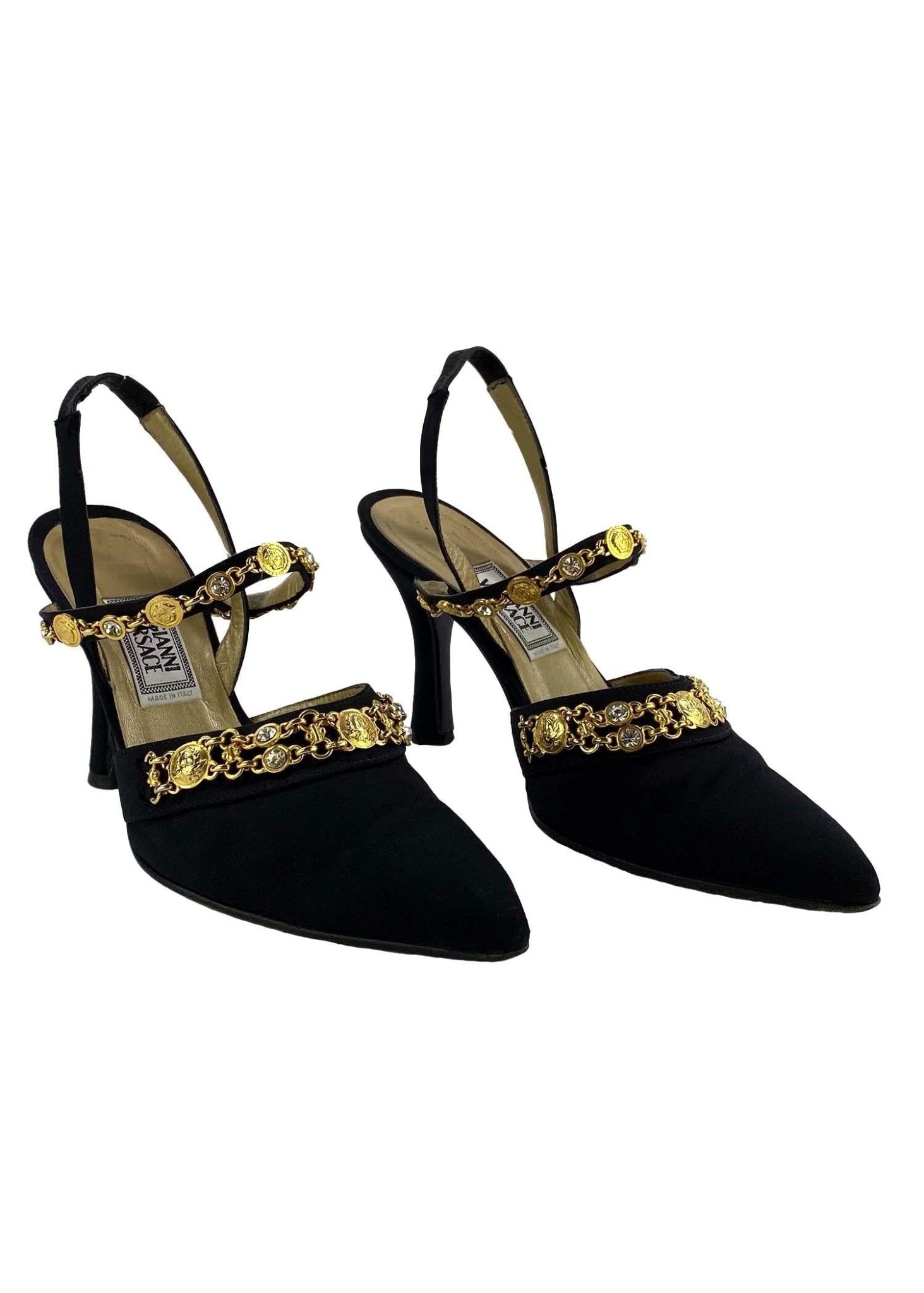 S/S 1995 Gianni Versace Medusa Gem Rhinestone Chain Medallion Black Satin Heels - RealList
