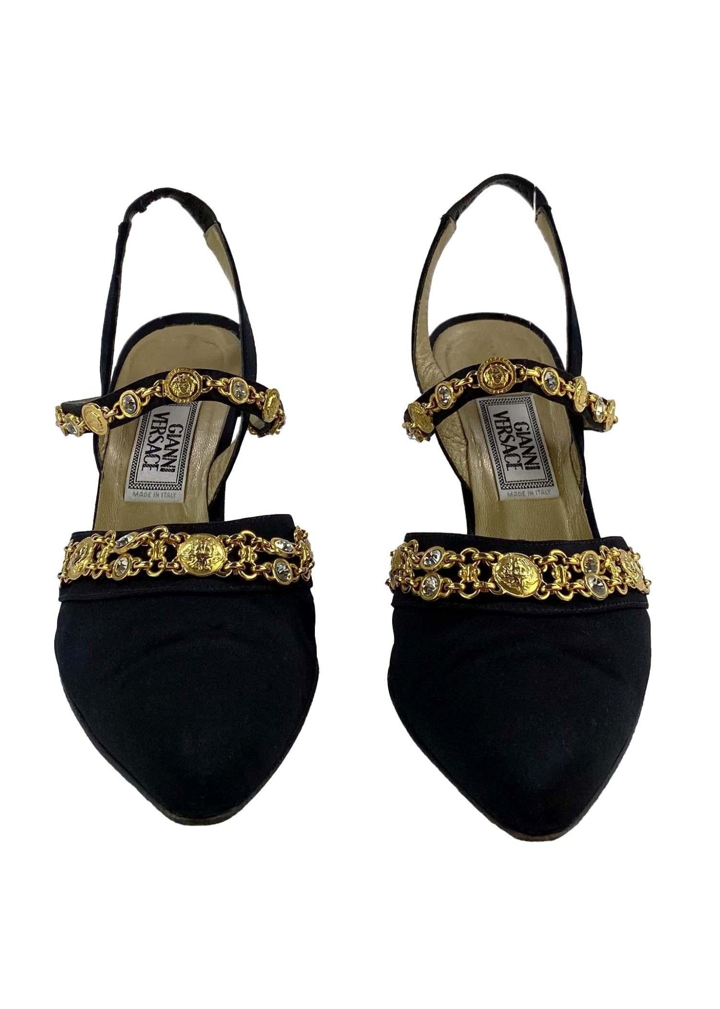 S/S 1995 Gianni Versace Medusa Gem Rhinestone Chain Medallion Black Satin Heels - RealList
