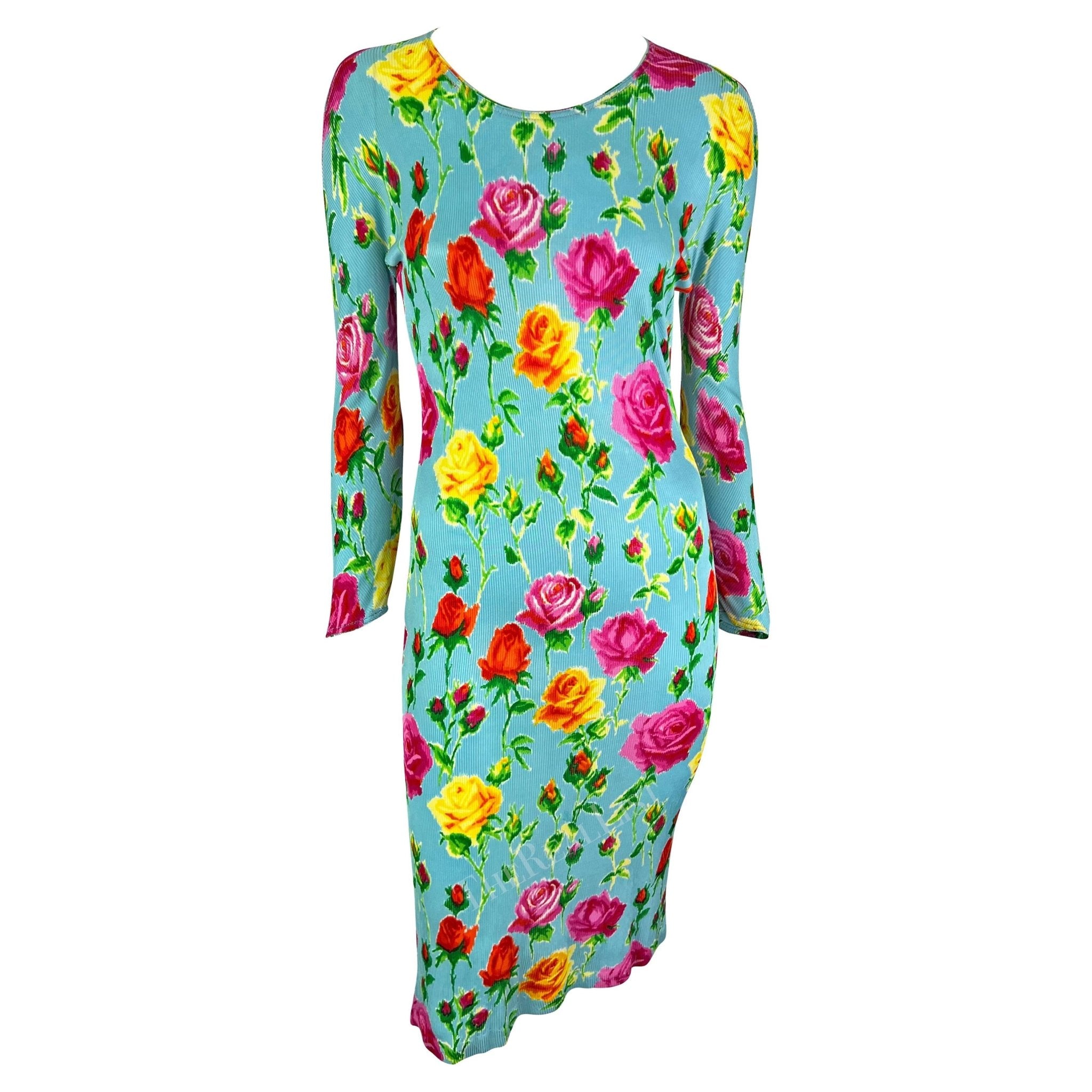 S/S 1995 Gianni Versace Runway Baby Blue Floral Ribbed Bodycon Dress - RealList