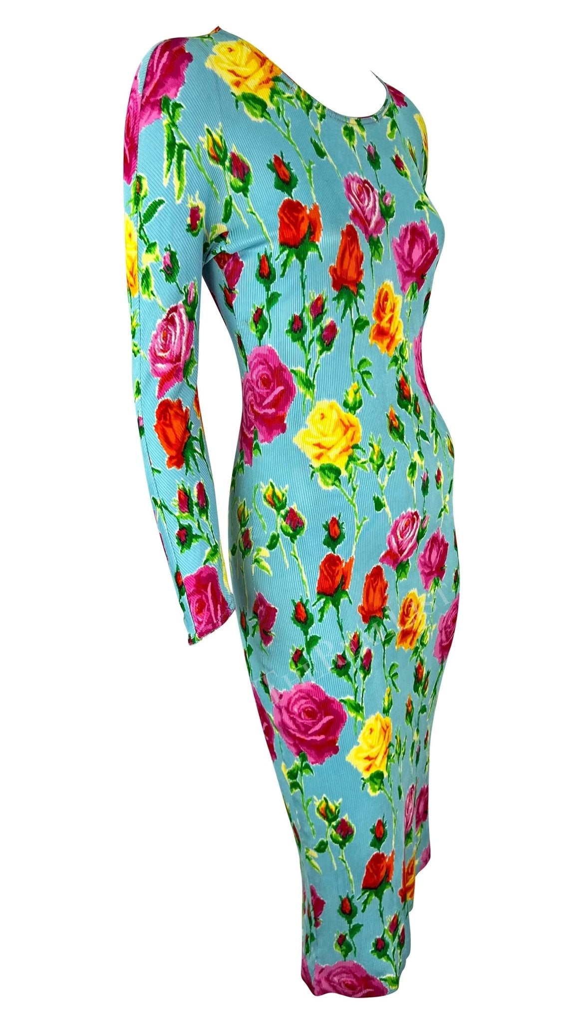 S/S 1995 Gianni Versace Runway Baby Blue Floral Ribbed Bodycon Dress - RealList