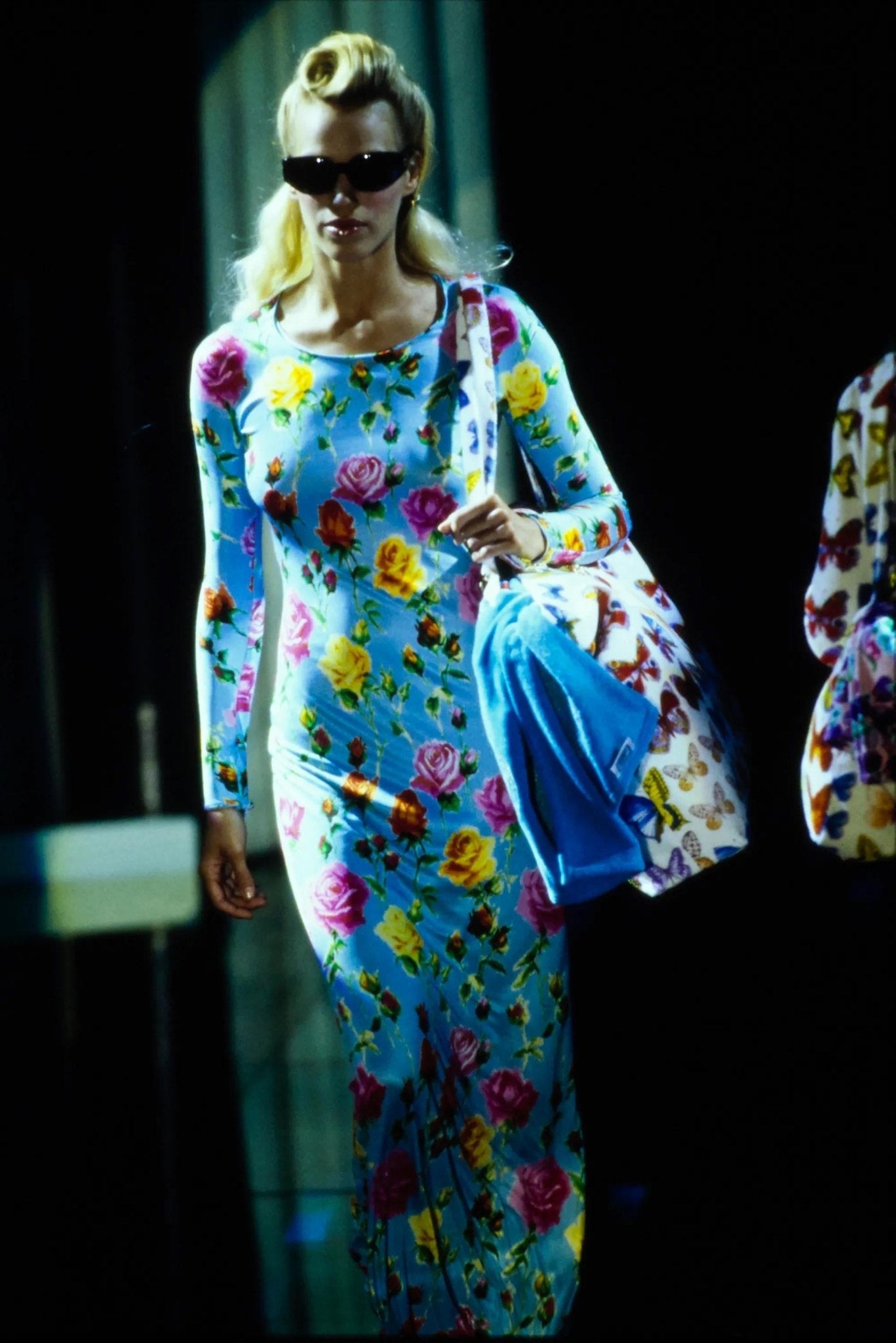 S/S 1995 Gianni Versace Runway Baby Blue Floral Ribbed Bodycon Dress - RealList