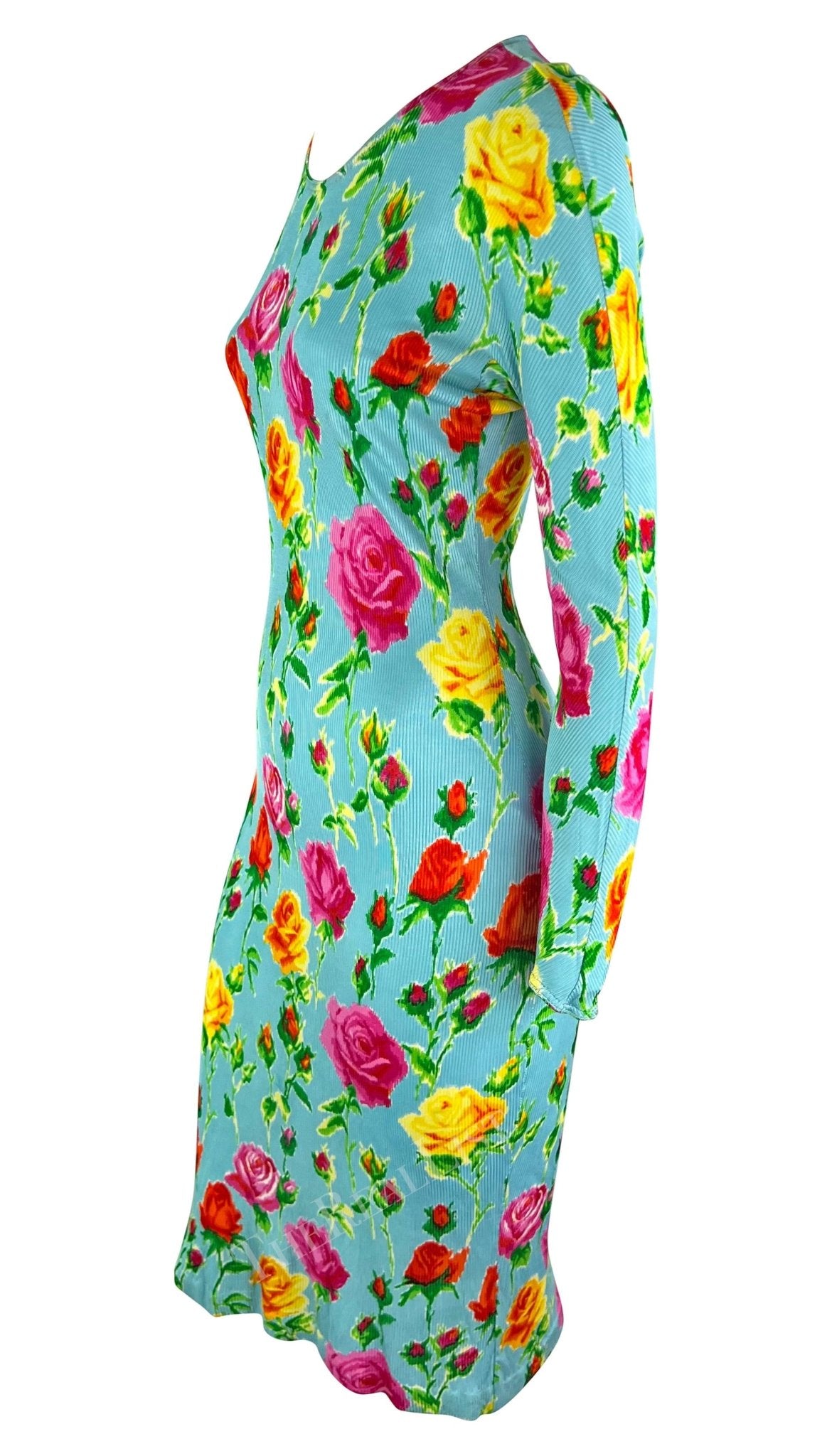 S/S 1995 Gianni Versace Runway Baby Blue Floral Ribbed Bodycon Dress - RealList