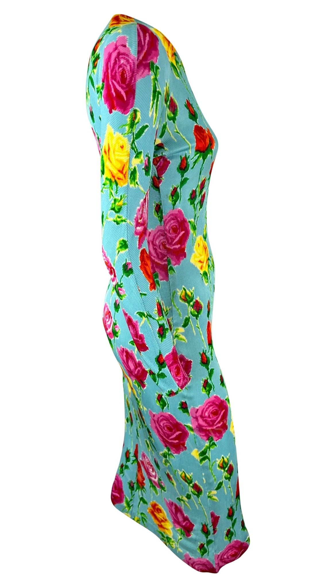 S/S 1995 Gianni Versace Runway Baby Blue Floral Ribbed Bodycon Dress - RealList