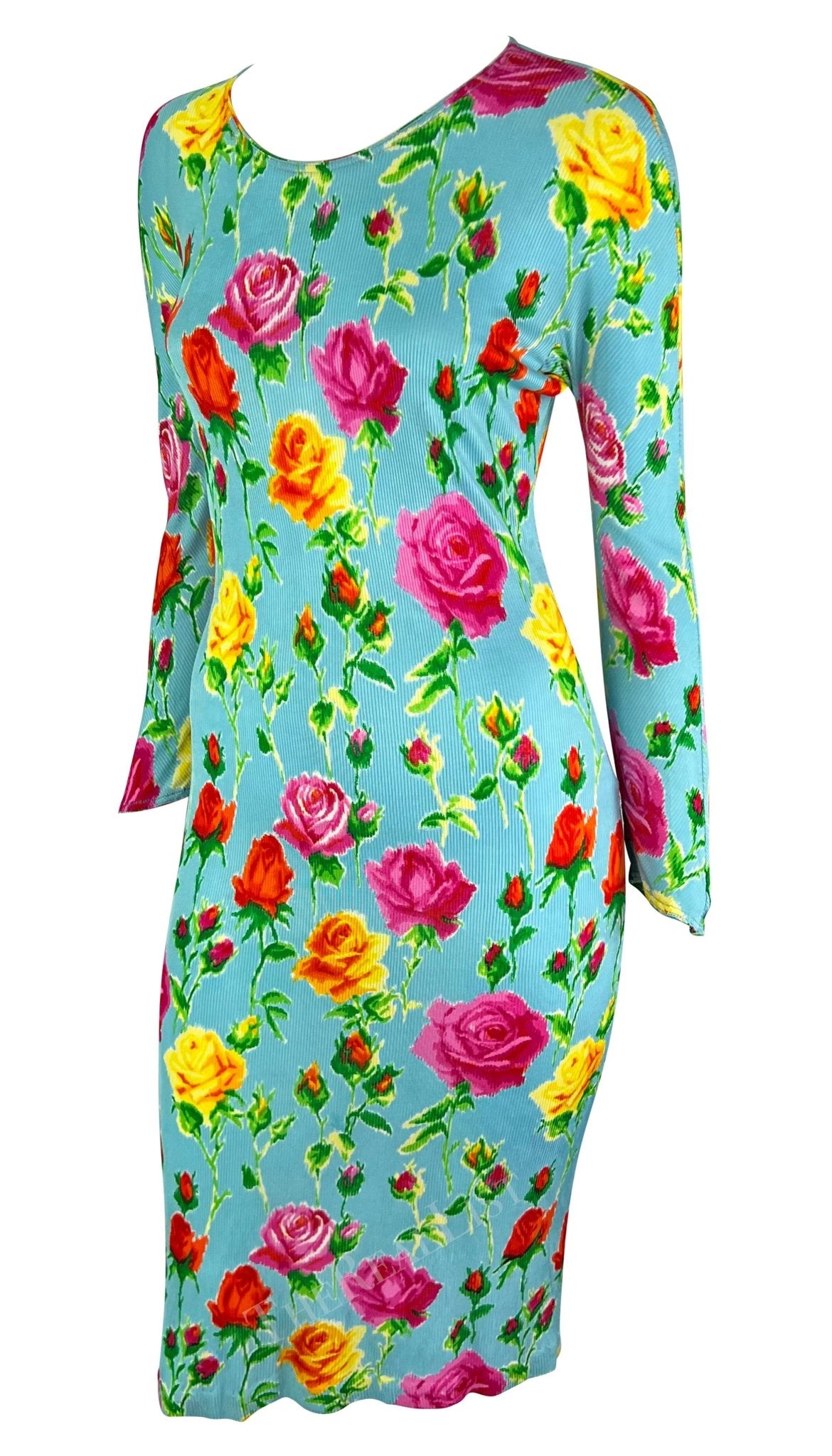 S/S 1995 Gianni Versace Runway Baby Blue Floral Ribbed Bodycon Dress - RealList