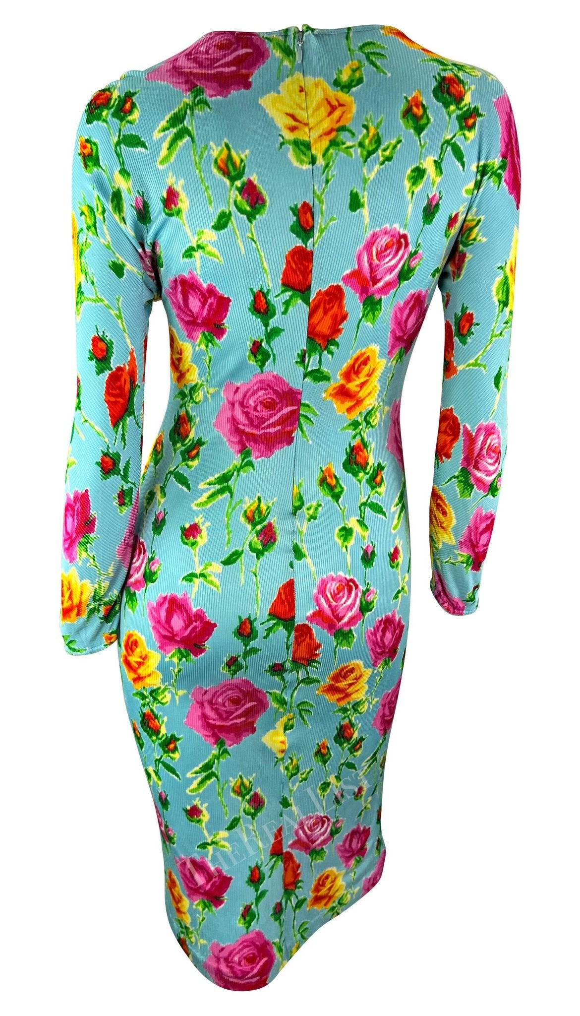 S/S 1995 Gianni Versace Runway Baby Blue Floral Ribbed Bodycon Dress - RealList