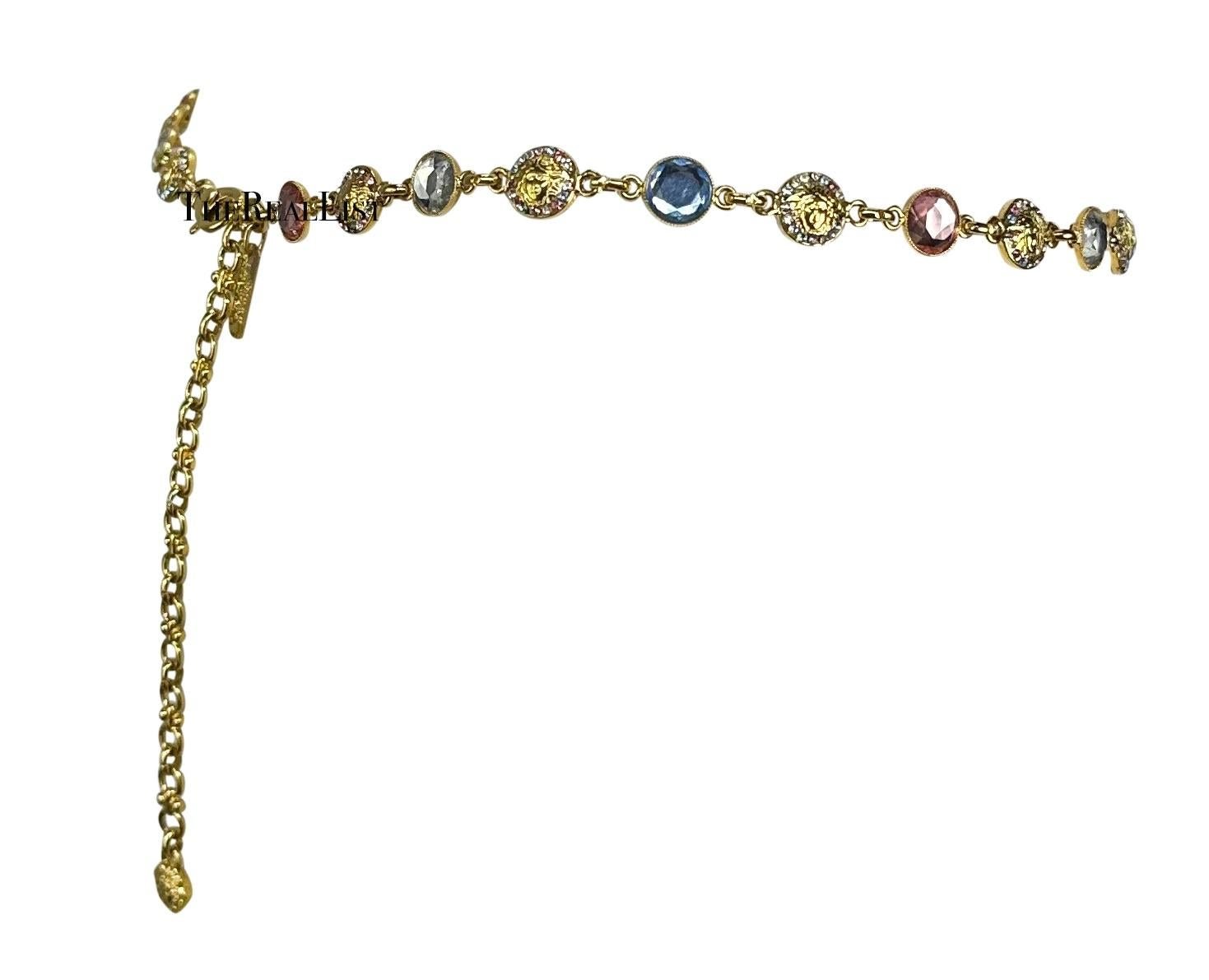 S/S 1995 Gianni Versace Thin Gold Tone Rhinestone Medusa Chain Belt - RealList