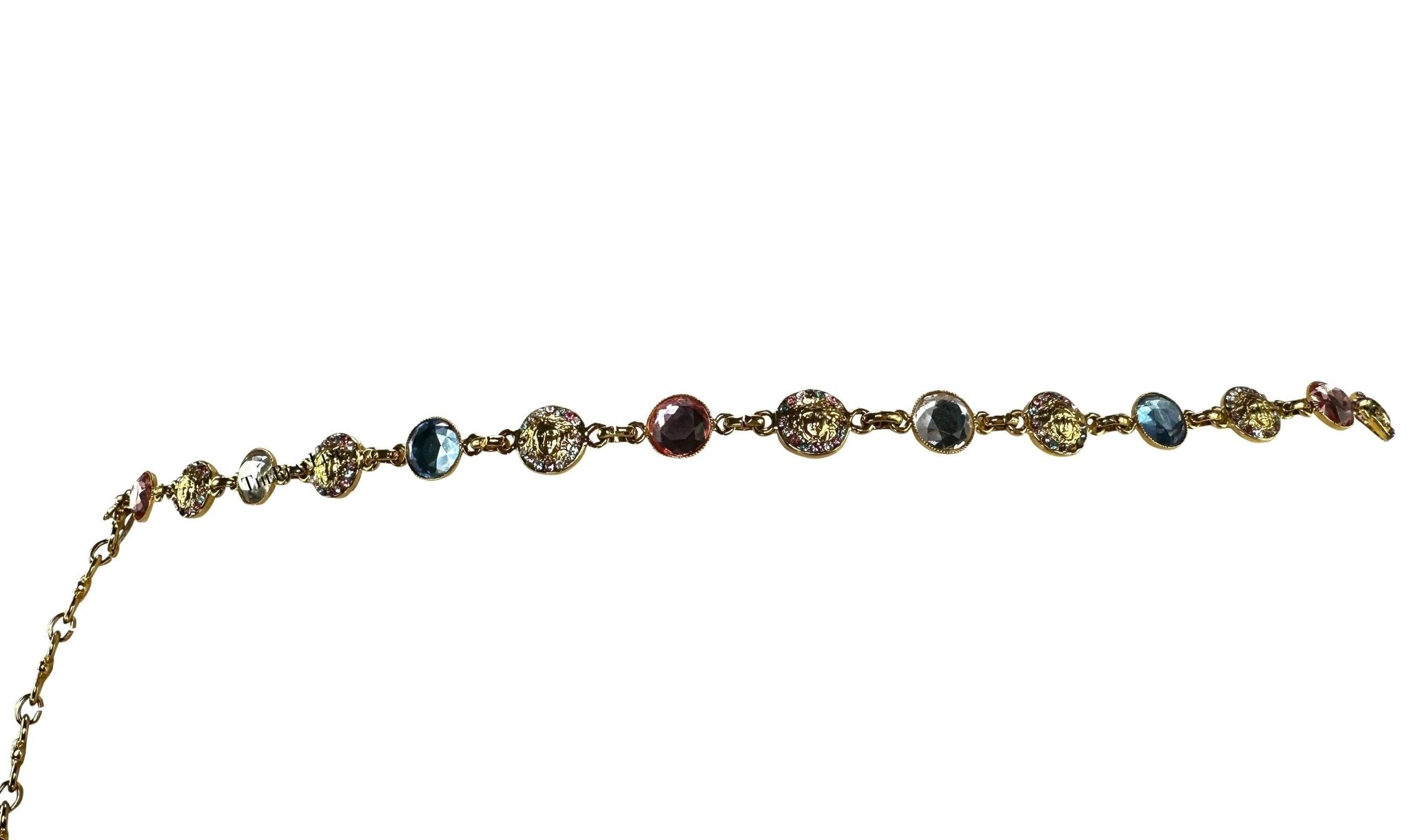 S/S 1995 Gianni Versace Thin Gold Tone Rhinestone Medusa Chain Belt - RealList