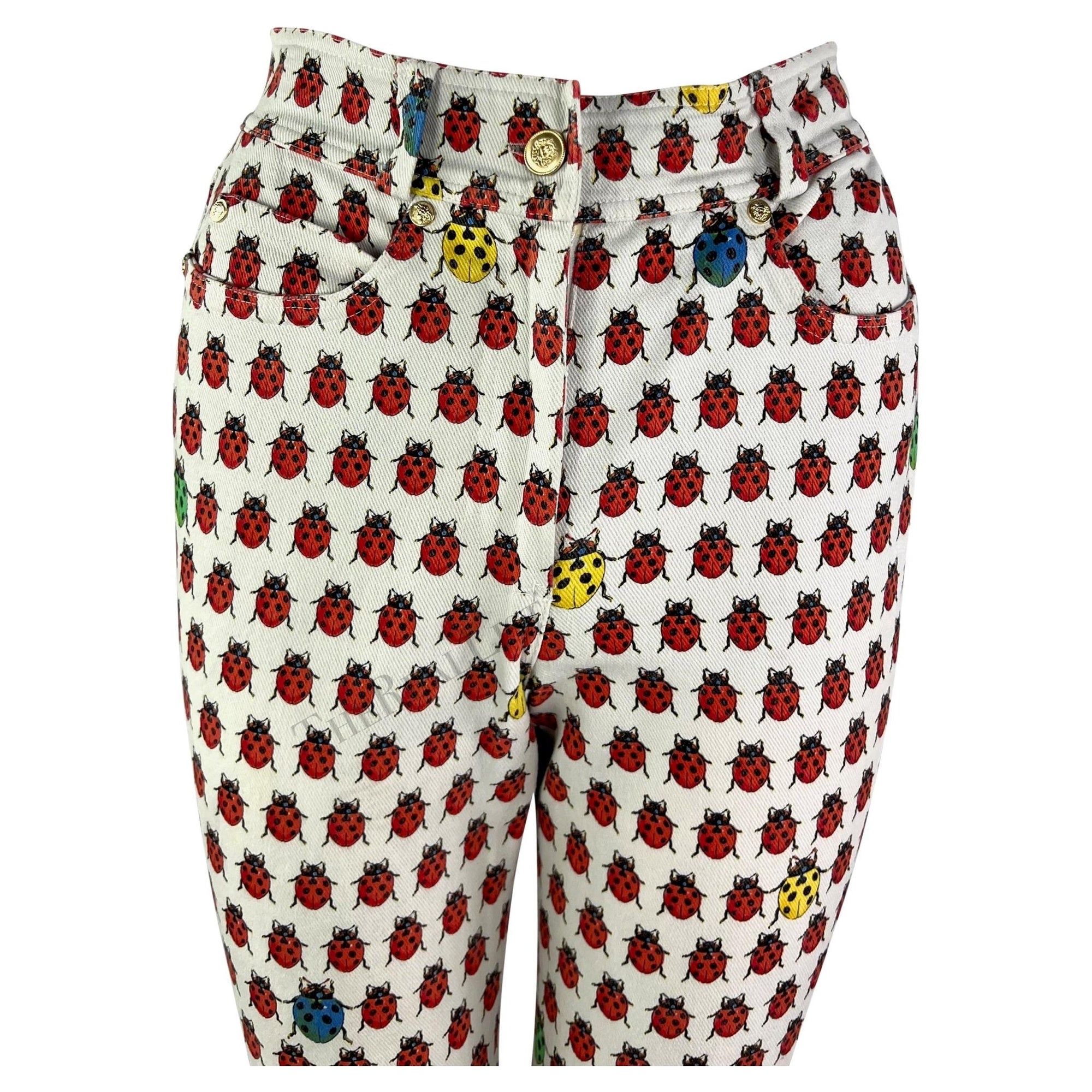 S/S 1995 Gianni Versace White Lady Bug Print Denim Jean Pants - RealList