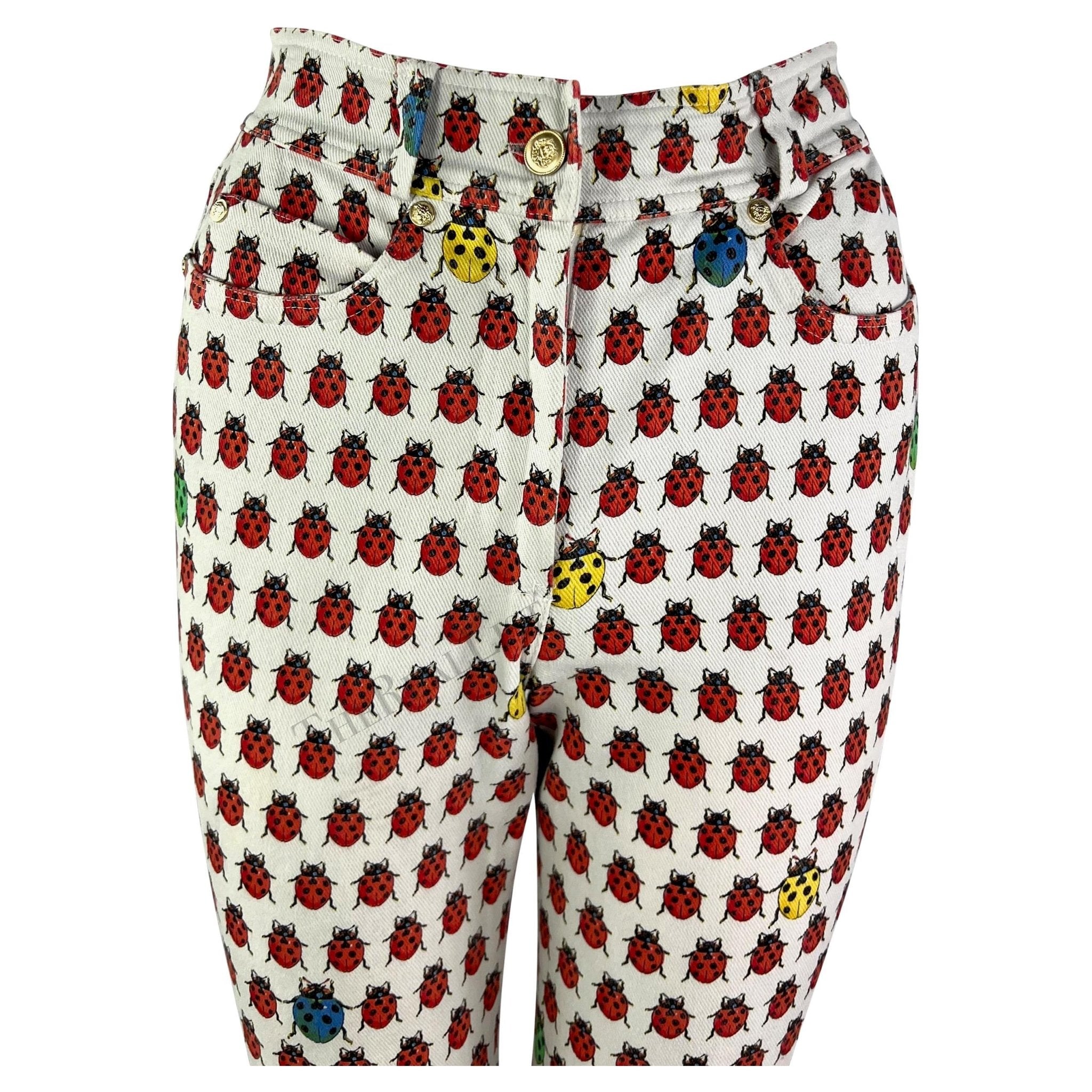 S/S 1995 Gianni Versace White Lady Bug Print Denim Jean Pants - RealList
