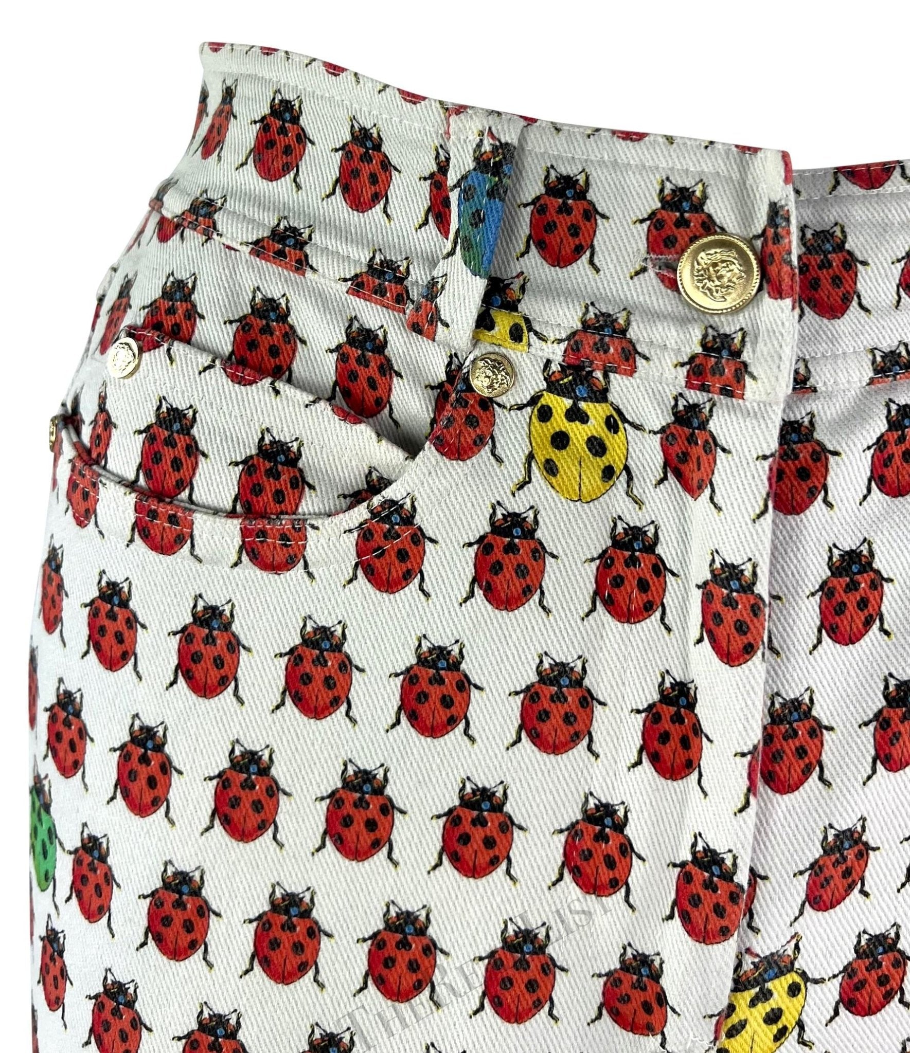 S/S 1995 Gianni Versace White Lady Bug Print Denim Jean Pants - RealList