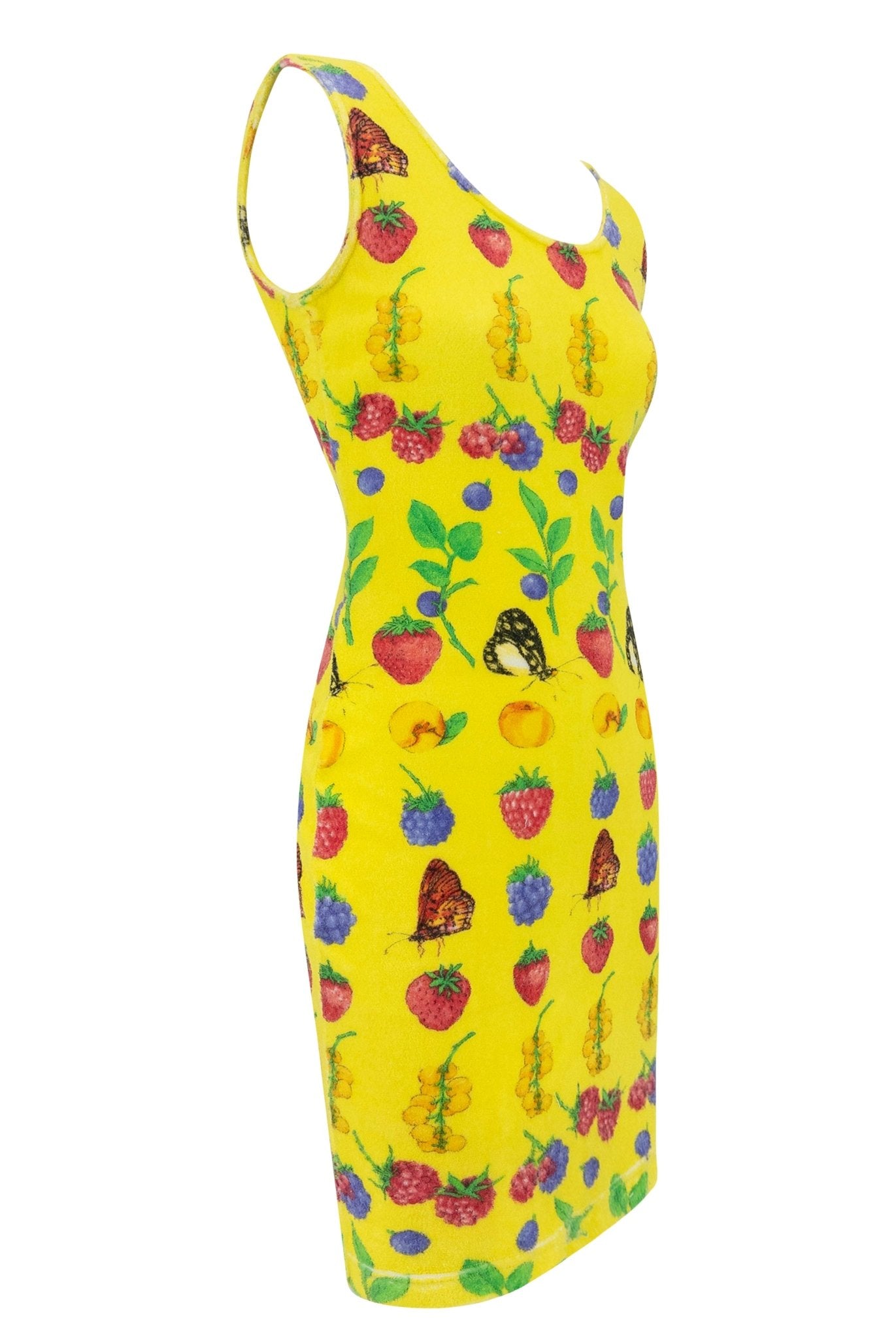 S/S 1995 Gianni Versace Yellow Stretch Terrycloth Garden Berry Print Dress - RealList
